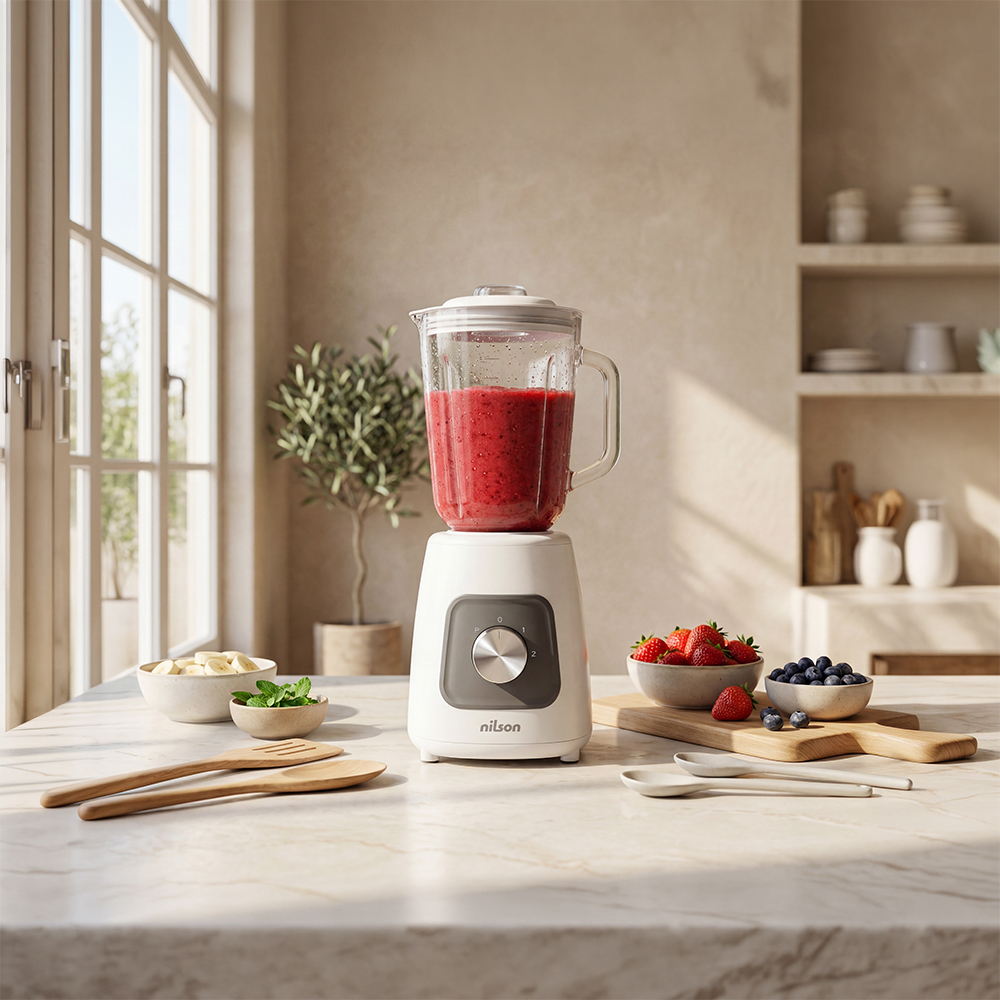 Una licuadora Nilson blanca con batido rojo está sobre un mostrador de mármol con fruta.