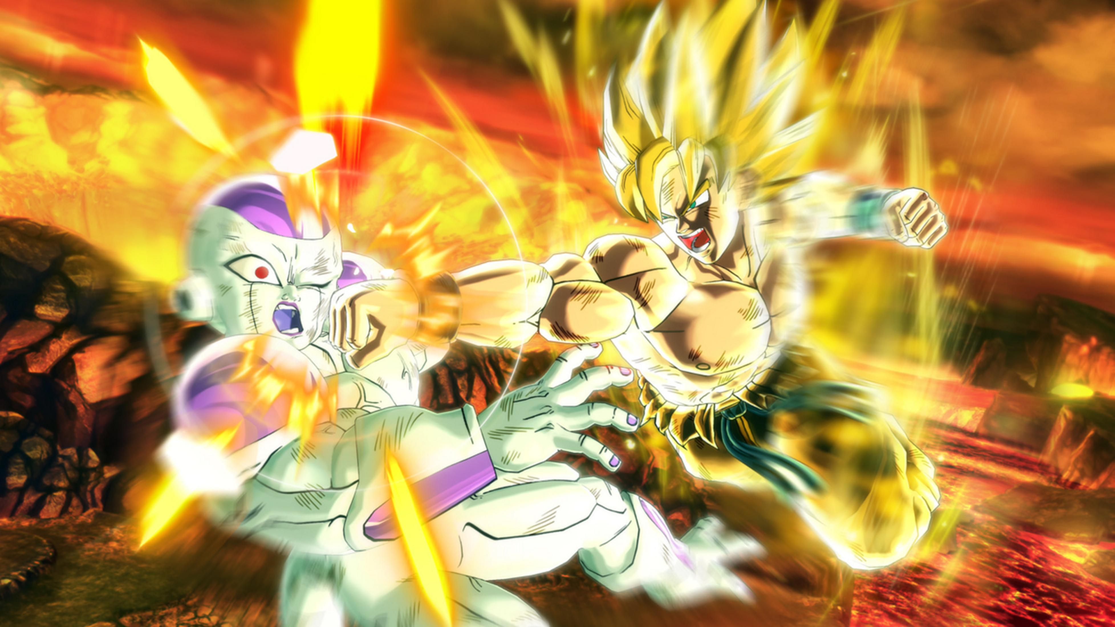 Goku in Super Saiyajin-Form schlägt Frieza in einem feurigen Umfeld.