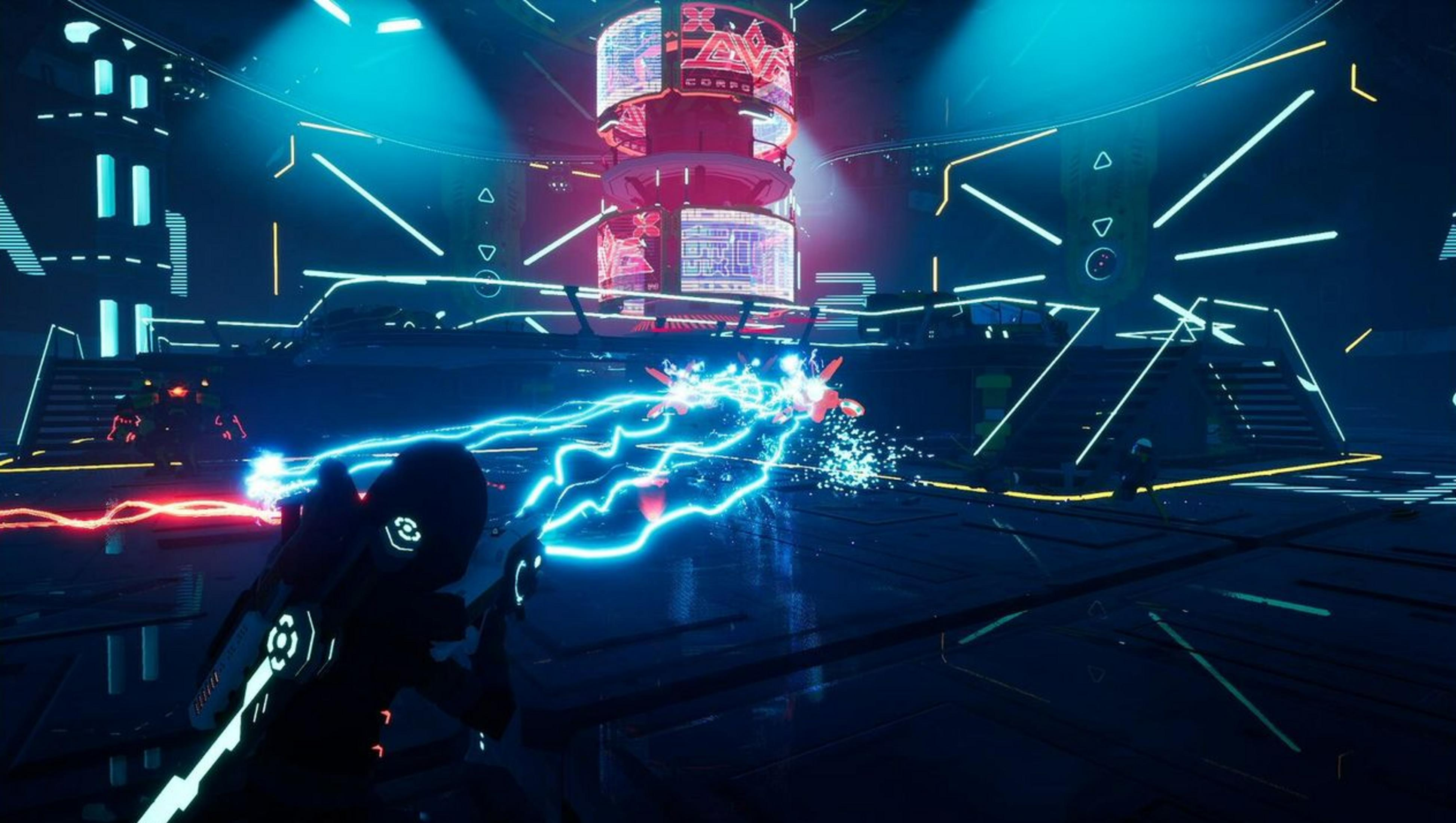 Scena cyberpunk con combattimento, fulmini di energia blu e luci rosse.