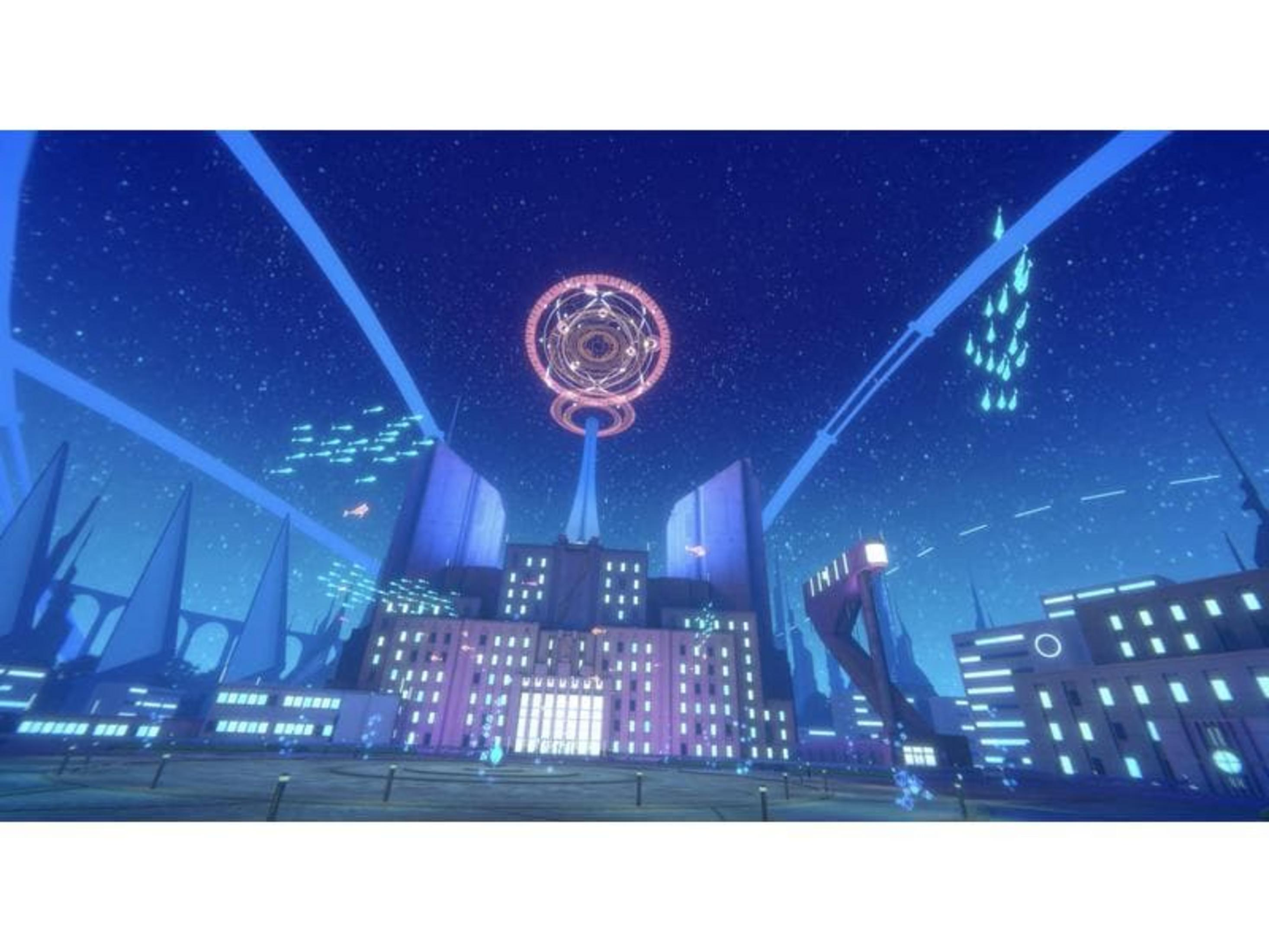 Futuristische Stadt bei Nacht mit leuchtenden Gebäuden und einem Ring über dem Zentrum.