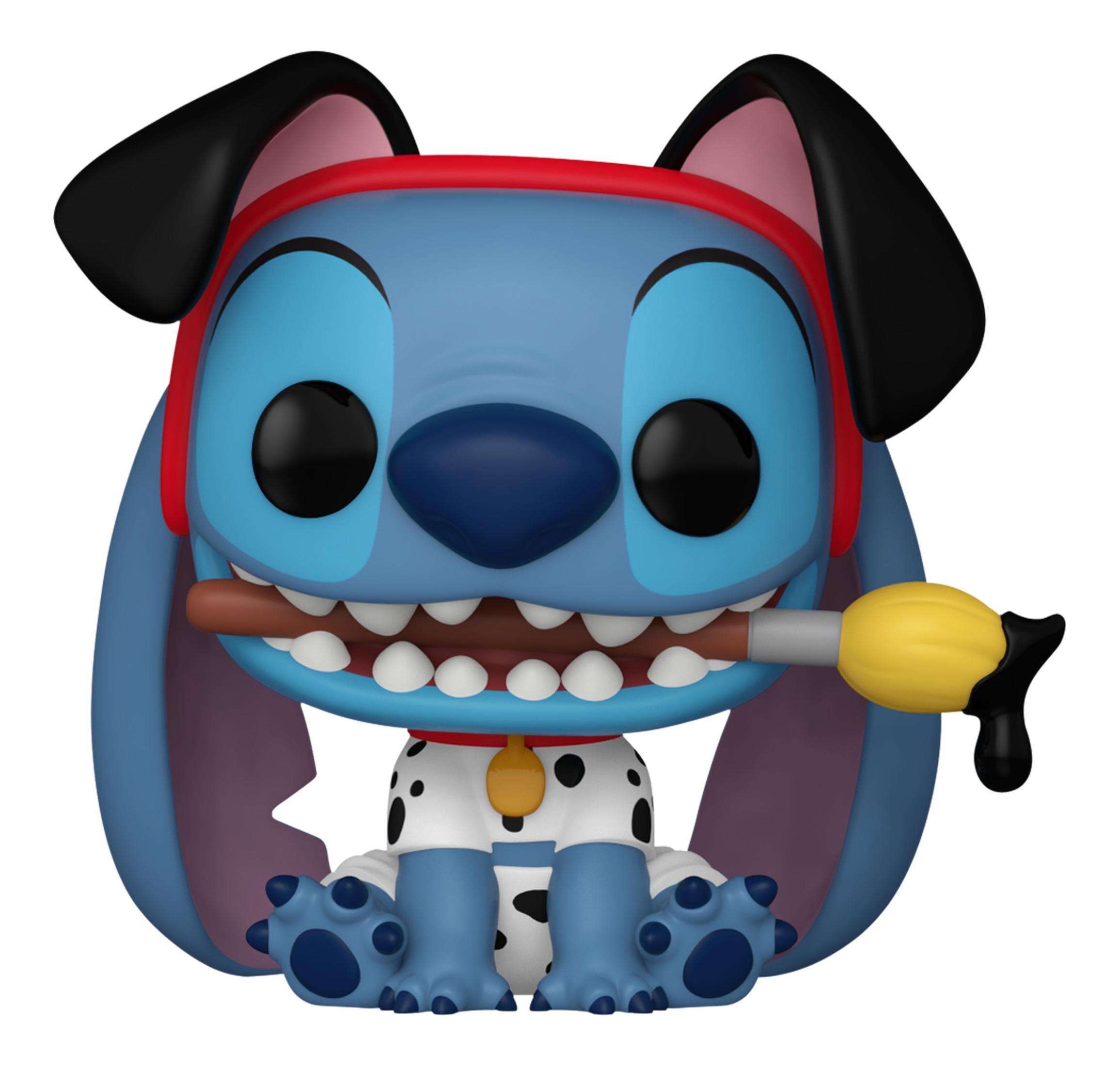 Personaje de perro azul con manchas de dálmata, con auriculares, masticando un palo.