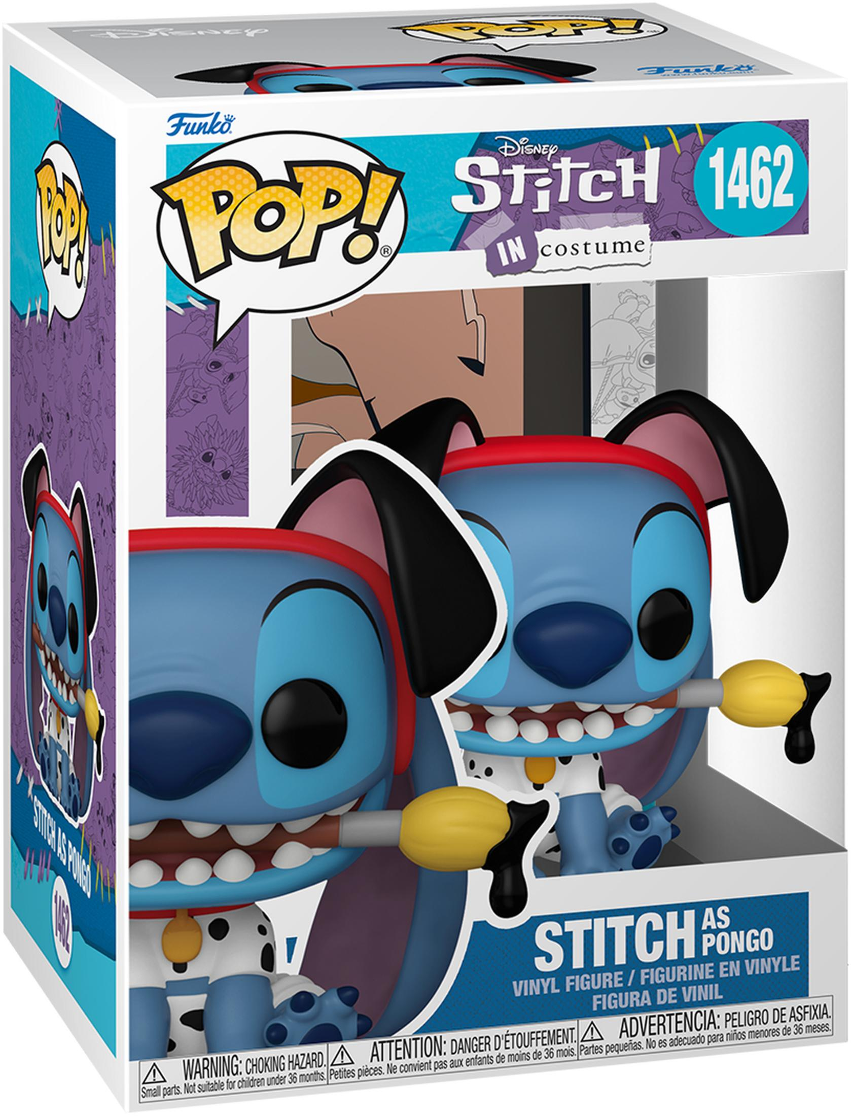 Figura Funko Pop! de Stitch disfrazado de Pongo con juguete amarillo.