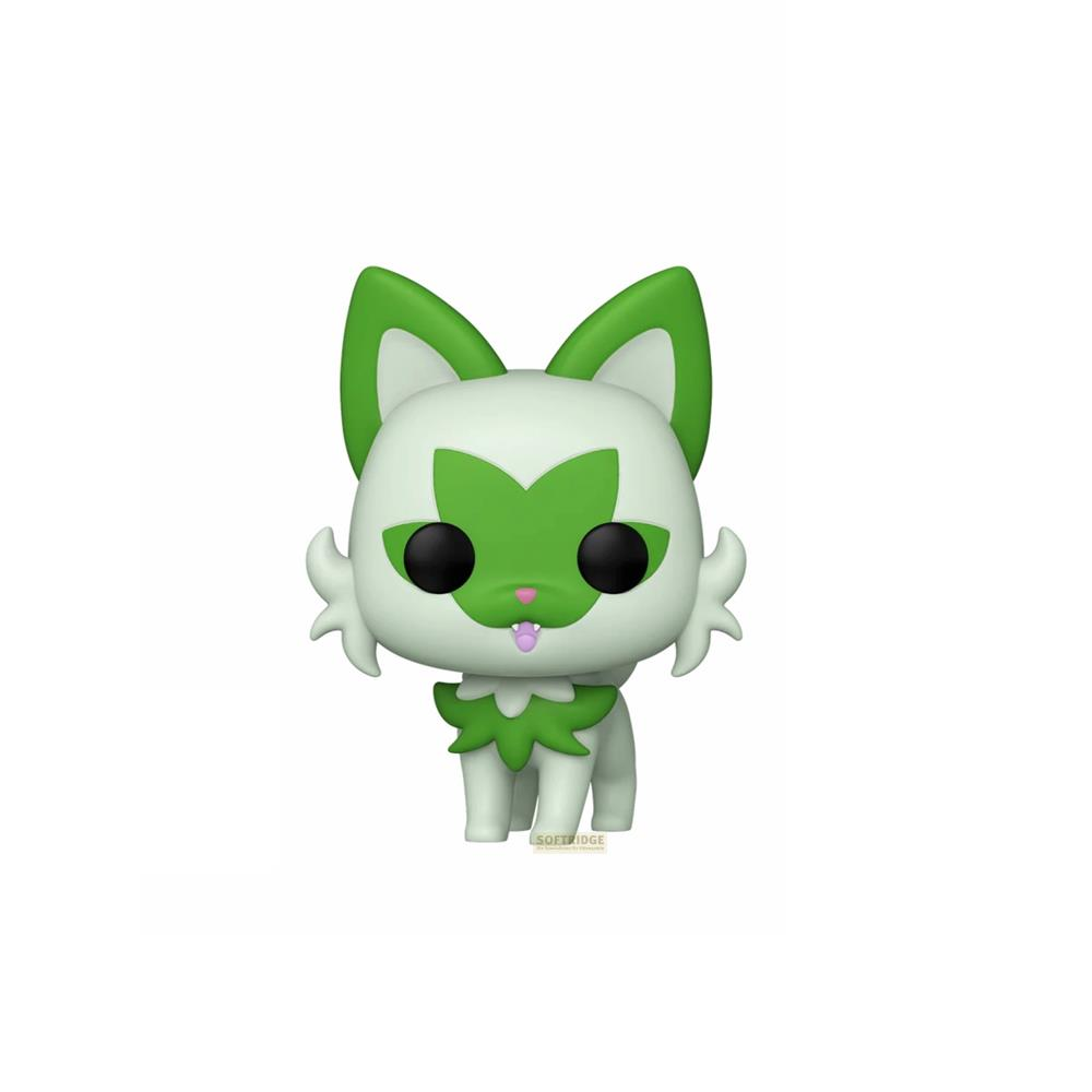 Una statuetta bianca e verde simile a un gatto con orecchie a punta e occhi chiusi.