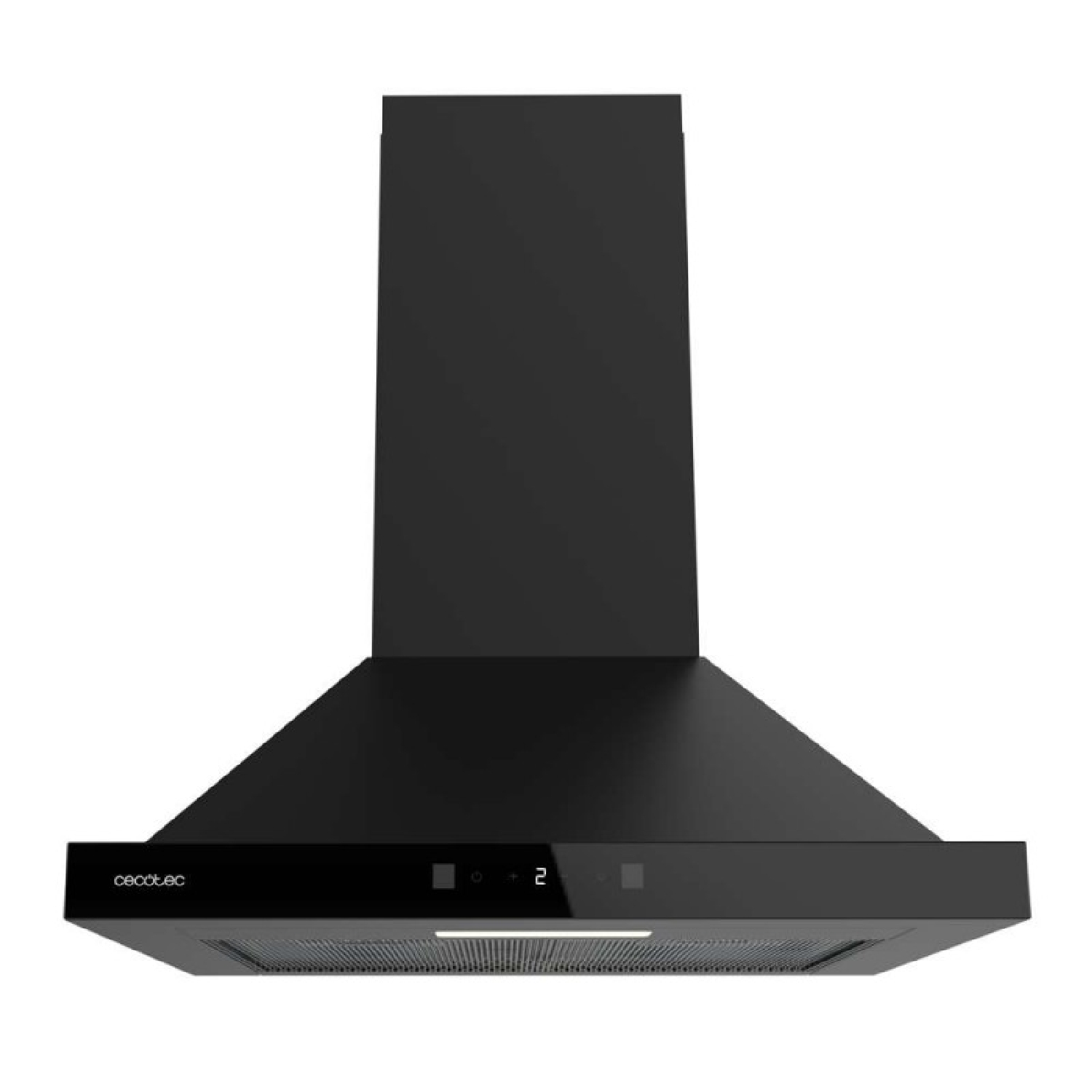 Cappa camino nera con controlli e display digitale.
