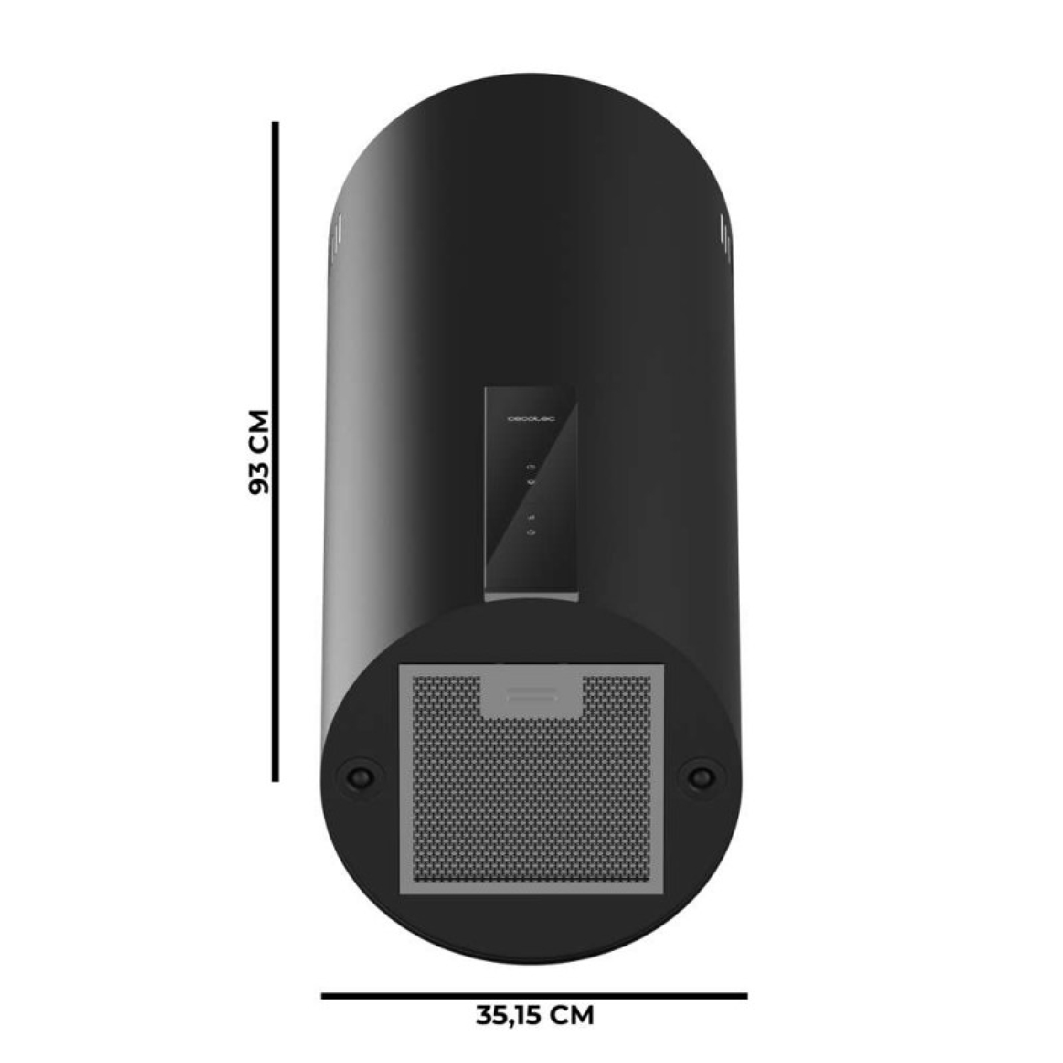 Campana extractora negra con dimensiones de 93 cm de alto y 35,15 cm de ancho.