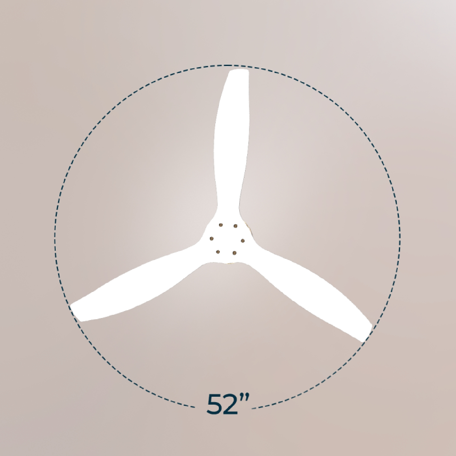 Un ventilador de techo blanco de tres aspas, 52 pulgadas de diámetro.