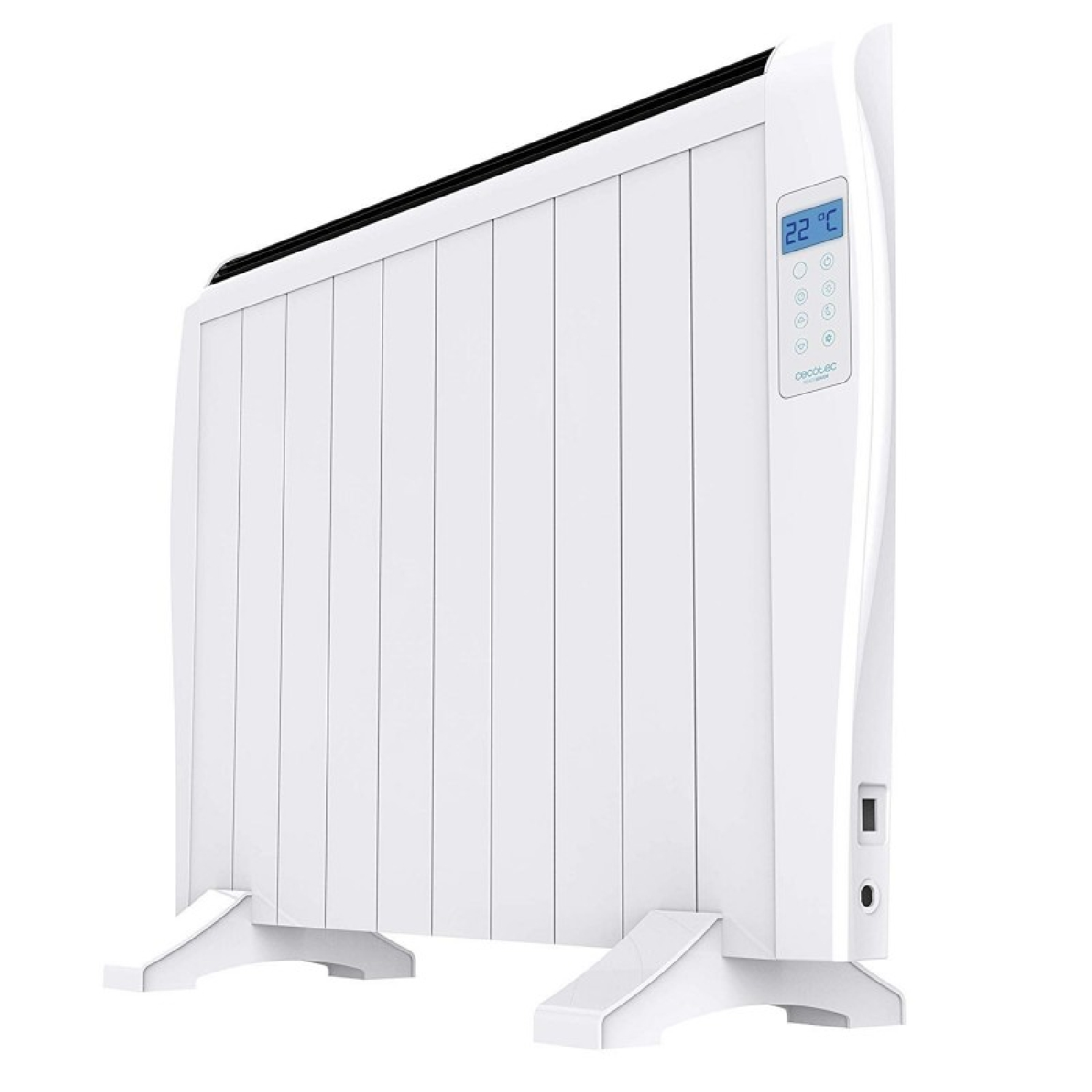 Biały grzejnik elektryczny z cyfrowym wyświetlaczem pokazującym 22°C.