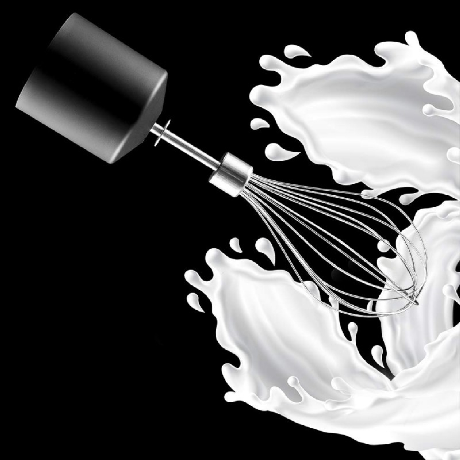 Un accesorio de batidora de inmersión negro con varillas salpica leche blanca sobre fondo negro.