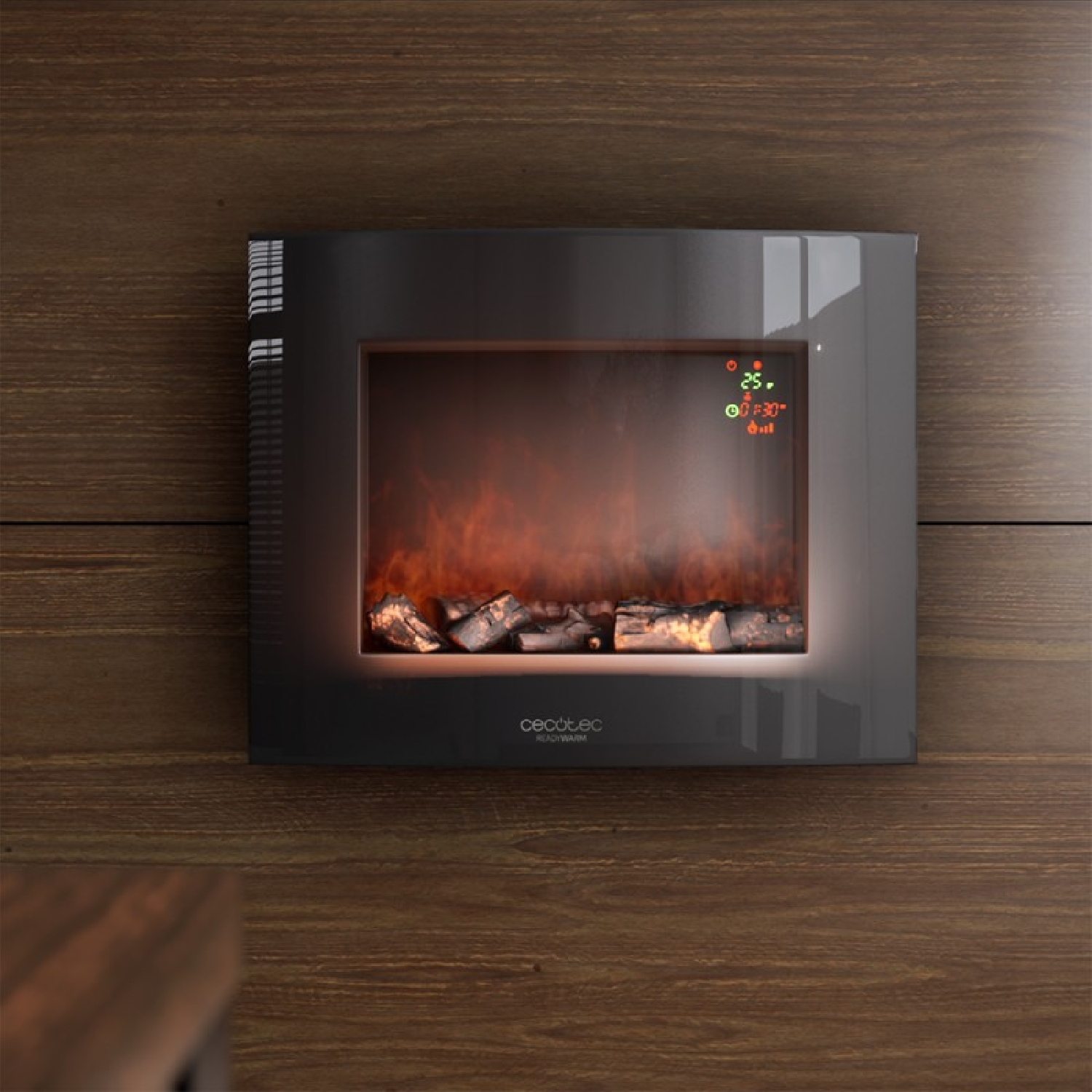 Chimenea negra moderna con llamas y pantalla digital en pared de madera.