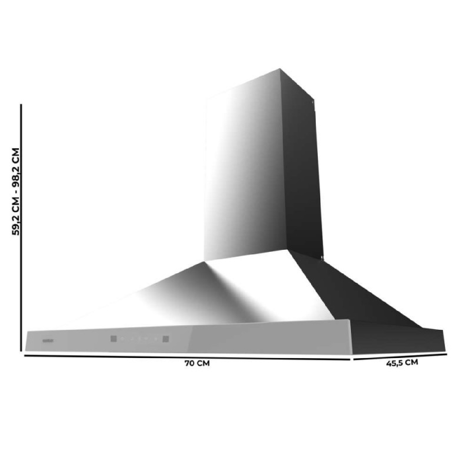 Cappa aspirante in acciaio inox. Dimensioni: 70cm L, 45,5cm P, 59,2-98,2cm H.