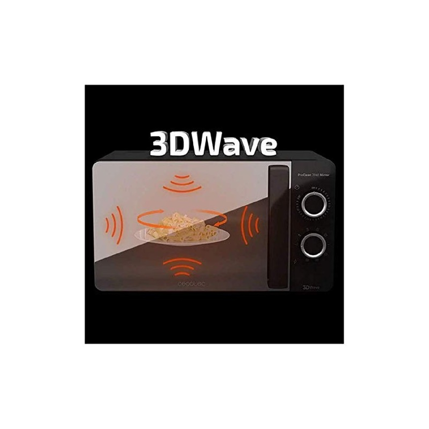 Czarna kuchenka mikrofalowa z logo 3DWave, jedzenie na talerzu, pomarańczowe fale.