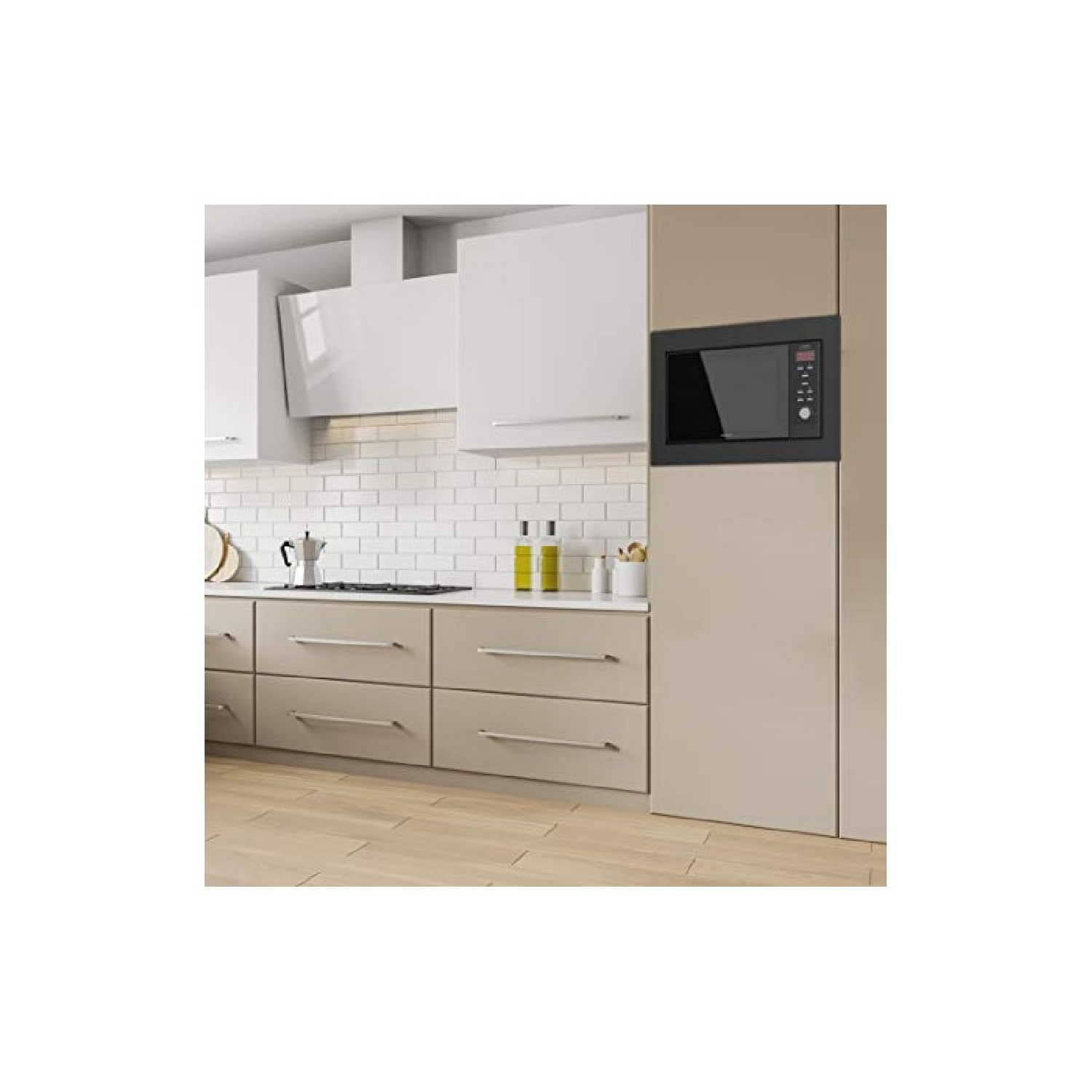 Cocina moderna con horno empotrado, gabinetes blancos, cajones color topo y piso de madera.