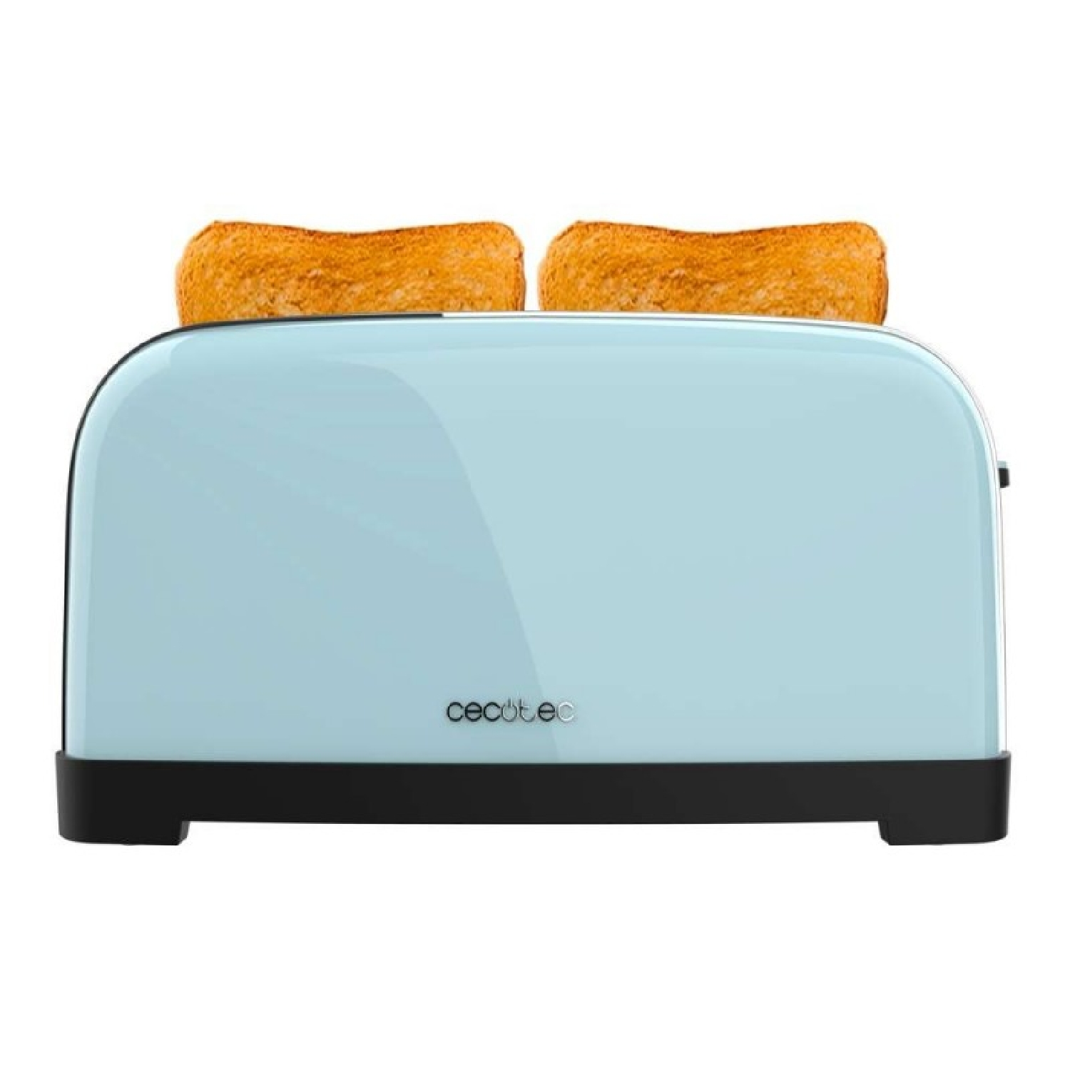 Un tostapane azzurro con due fette di pane tostato.