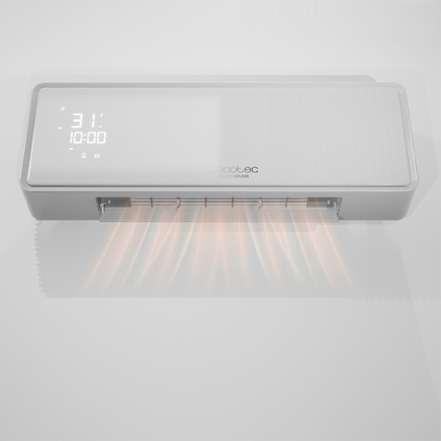 Un calefactor de pared blanco con pantalla digital muestra 31 grados y 10:00.