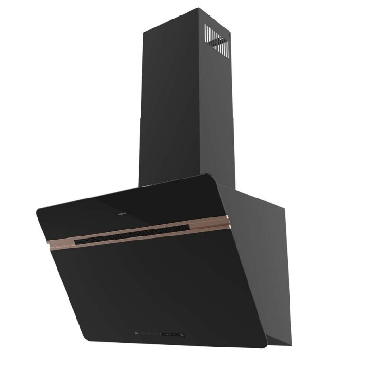 Campana extractora negra con detalles en cobre y tubo de escape.