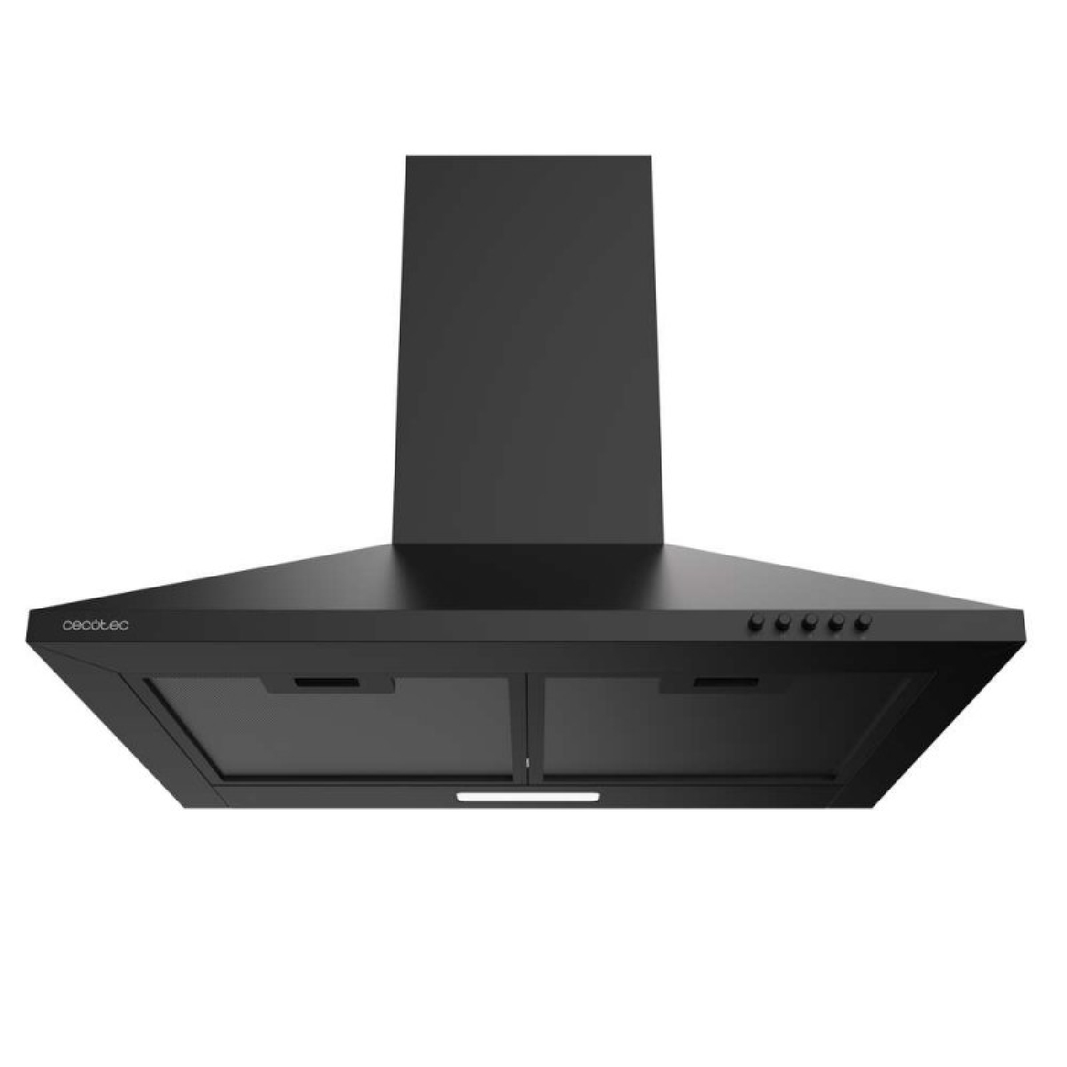 Campana extractora negra con detalles de acero inoxidable y botones.