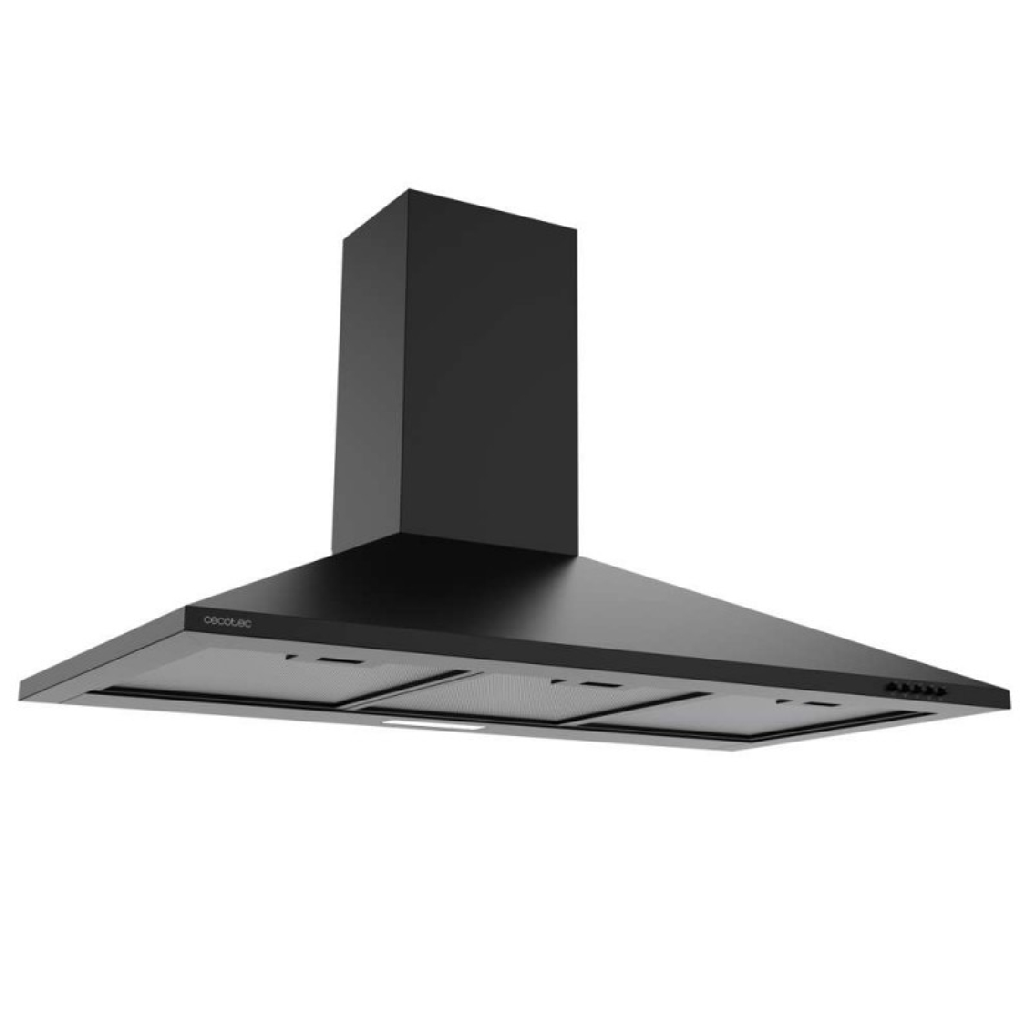 Campana extractora negra con chimenea rectangular y filtros metálicos.