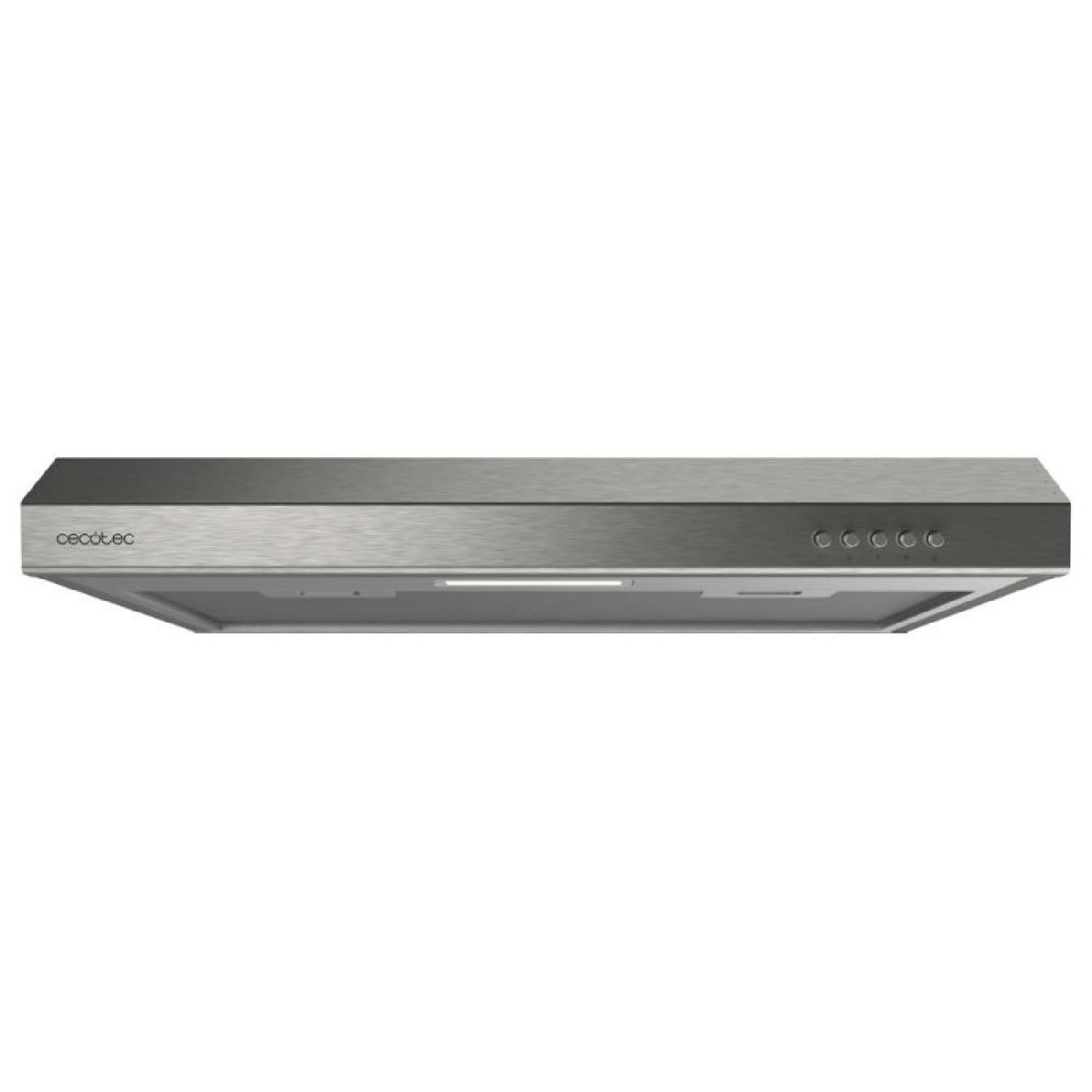 Cappa aspirante in acciaio inox con cinque pulsanti e logo Cecotec.