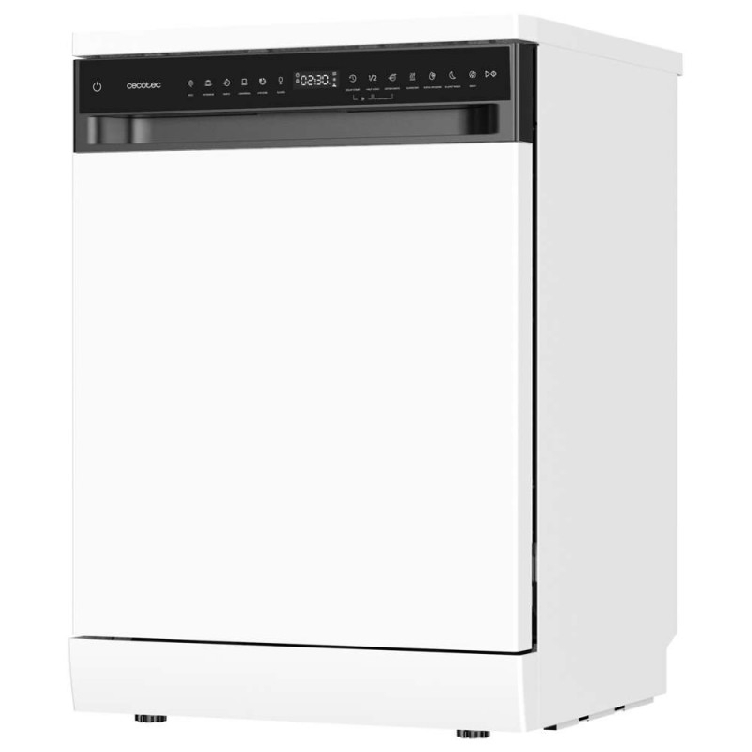 Un lavavajillas blanco Cecotec con panel de control negro que muestra hora e iconos.