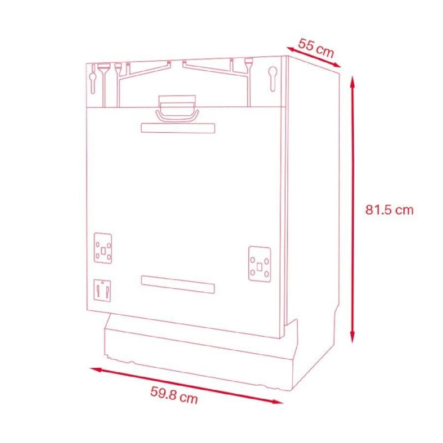 Un dibujo esquemático de un lavavajillas con dimensiones: 59,8 cm de ancho, 55 cm de profundidad, 81,5 cm de alto.