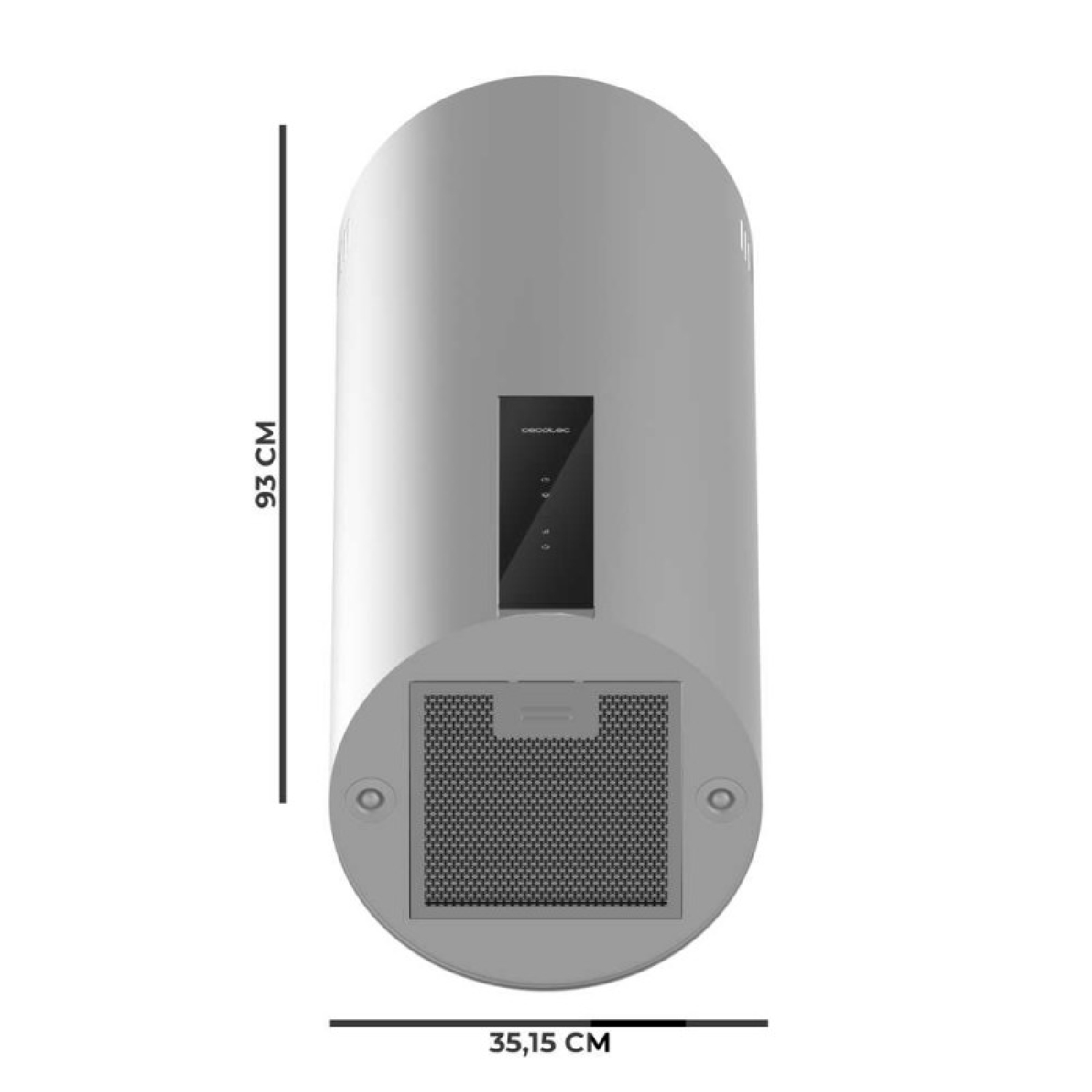 Campana extractora gris con dimensiones de 93 cm de alto y 35,15 cm de ancho.