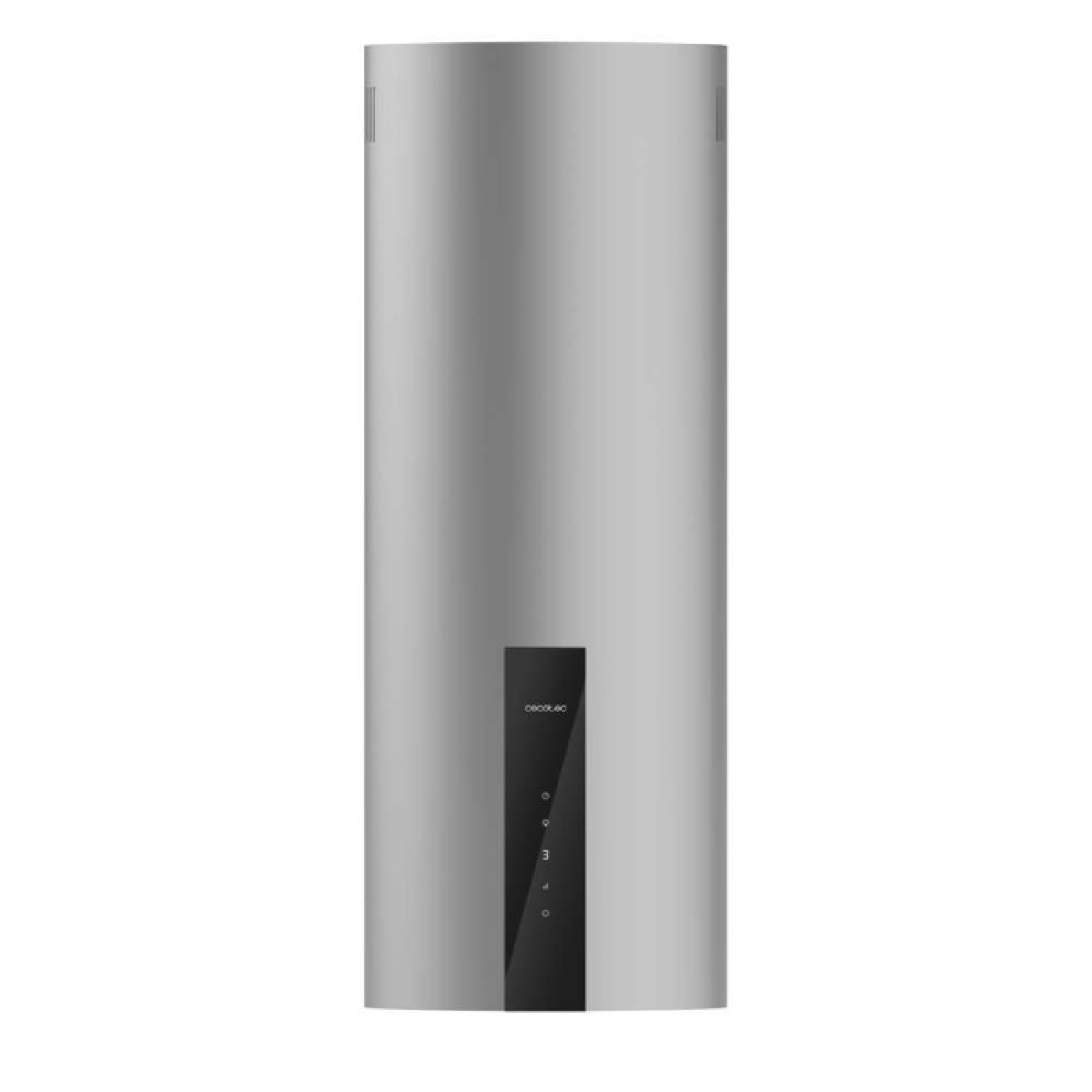 Una campana extractora cilíndrica de metal plateado con panel de control negro.