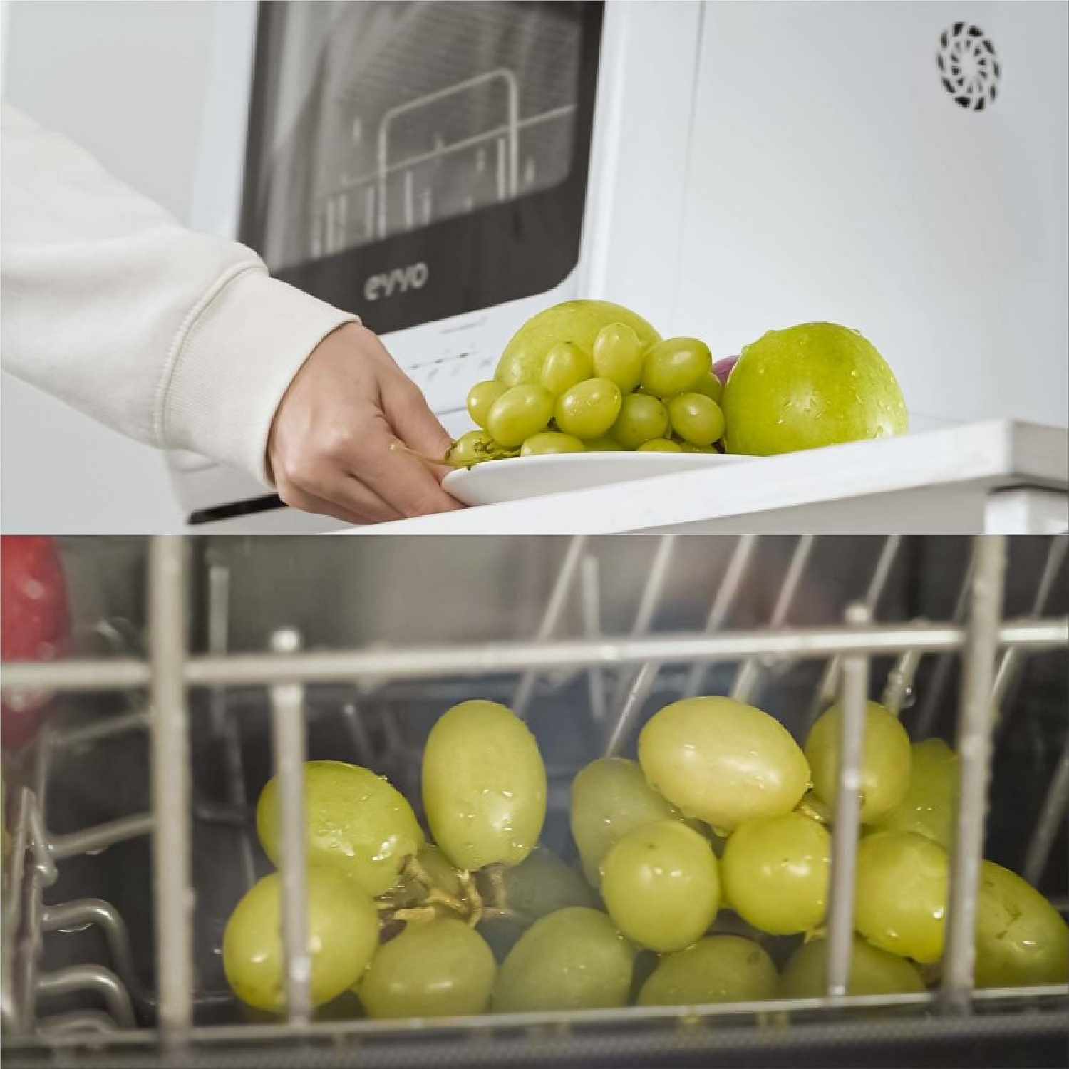 Una mano coloca un cuenco con manzanas y uvas en una bandeja. Debajo, uvas mojadas en una cesta.