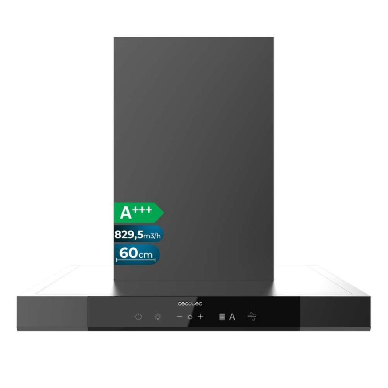Una campana extractora gris con calificación energética A+++, flujo de 829,5m3/h, 60cm.