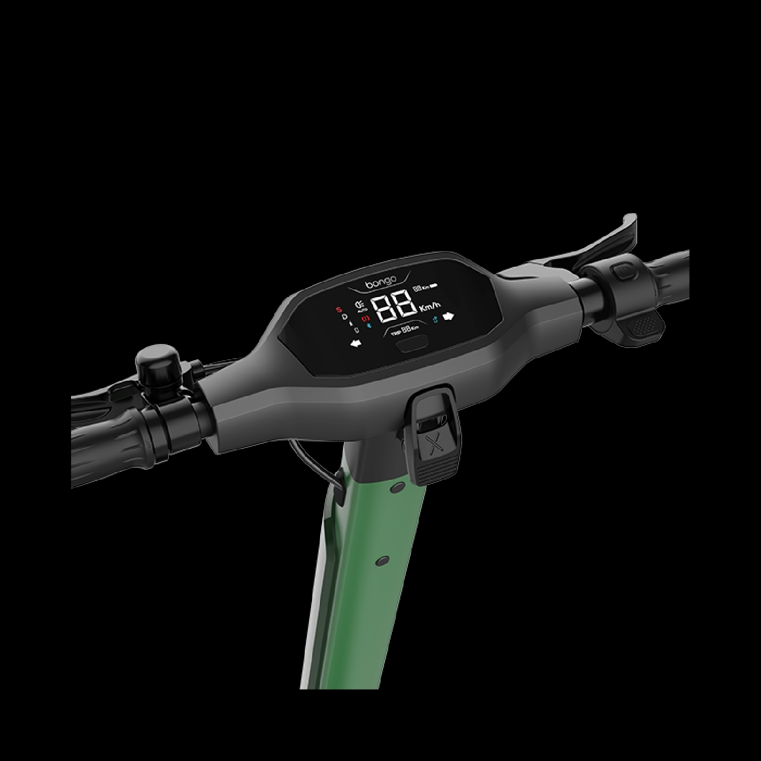 Manubrio monopattino verde con display digitale che mostra 88 km/h.