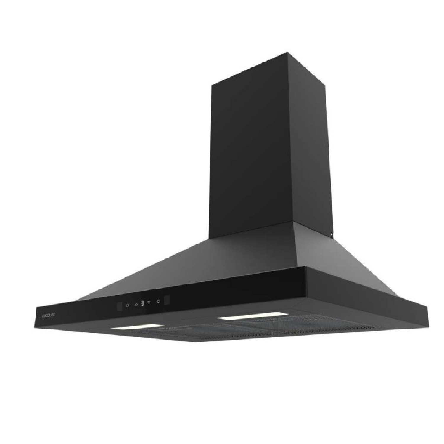 Cappa da cucina nera con display digitale e luci.