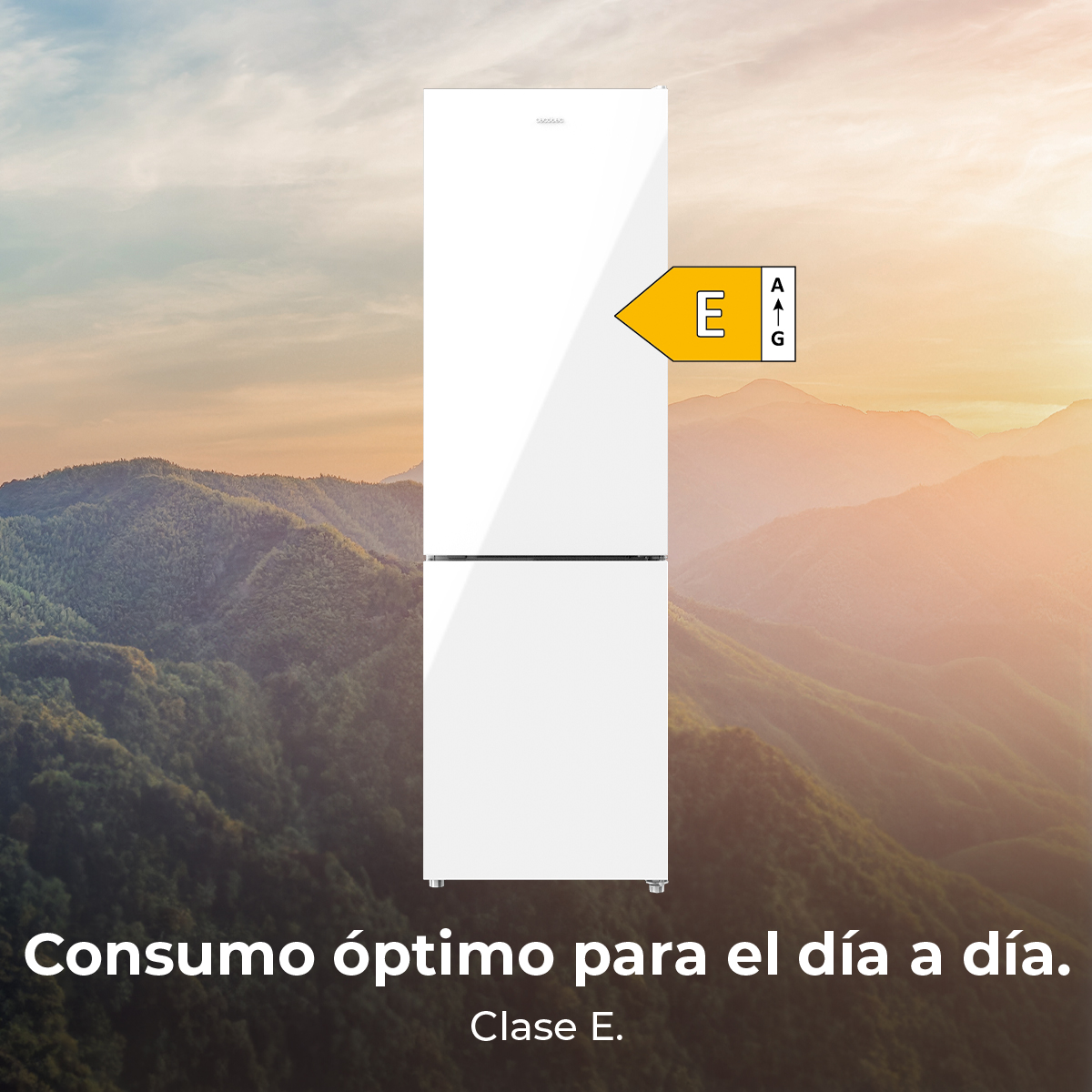 Un refrigerador blanco con clase energética E frente a un paisaje de montaña.