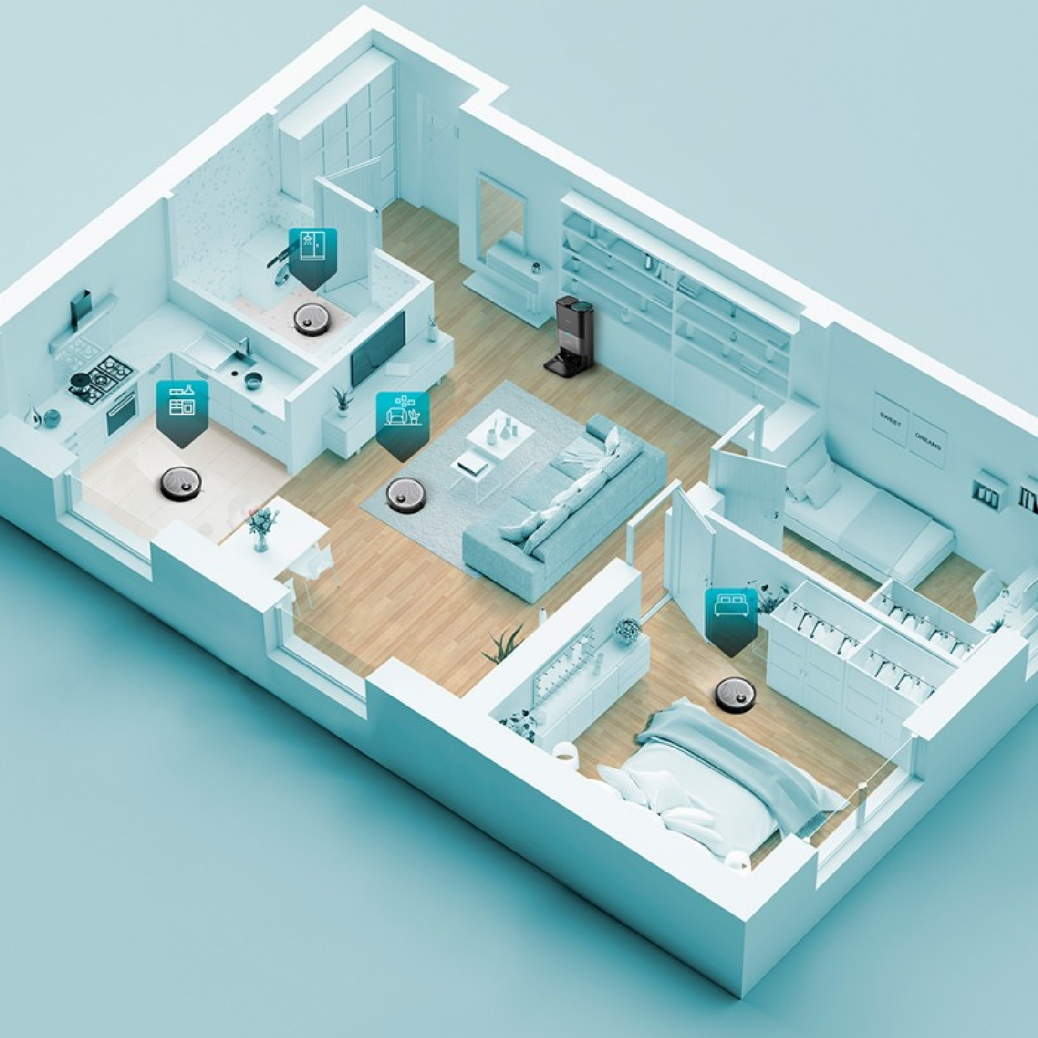 Plano de un apartamento moderno con varios robots de limpieza en distintas habitaciones.