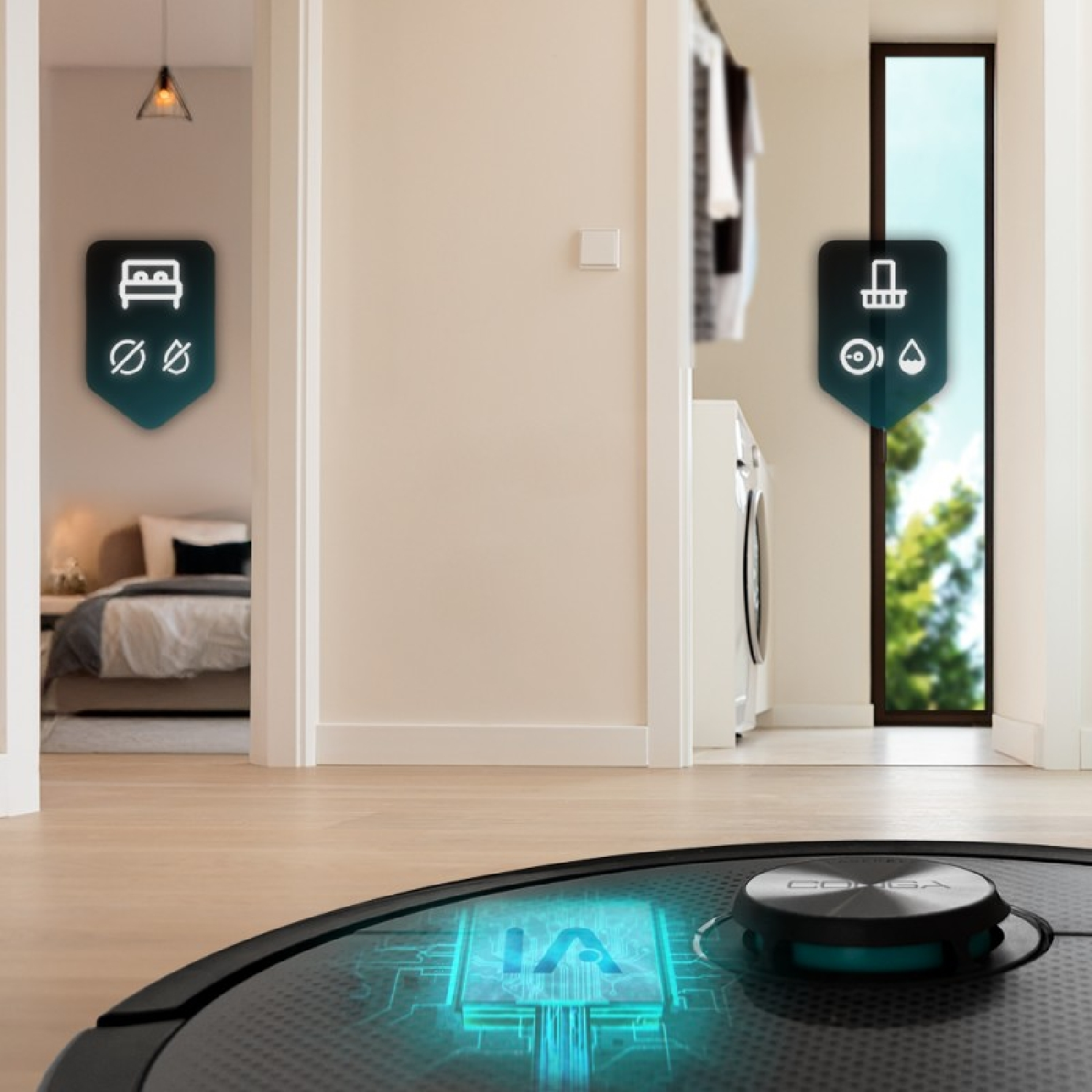 Aspiradora robot con tecnología IA en el suelo. Iconos muestran dormitorio y lavadero.