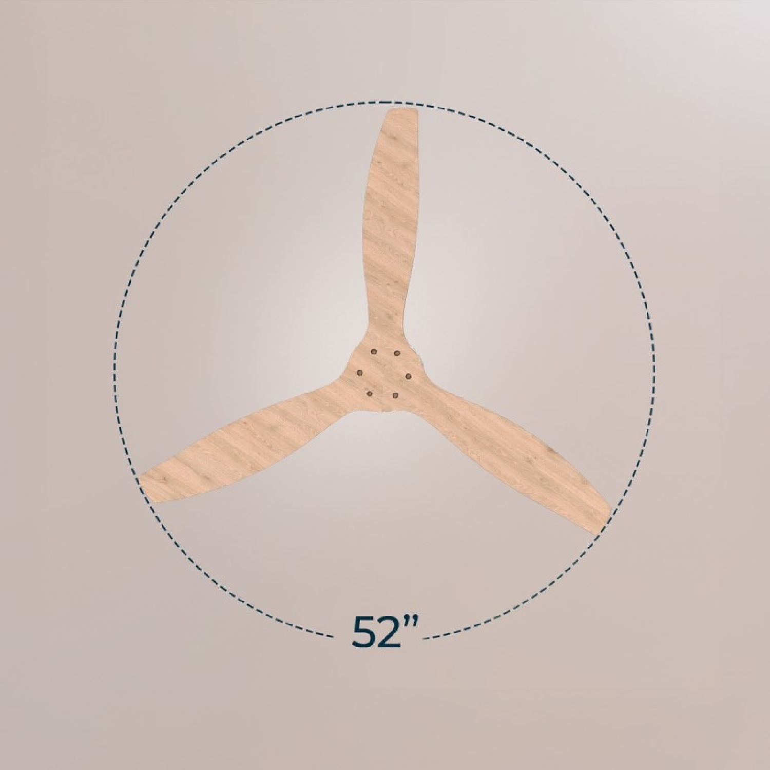 Ventilatore da soffitto in legno a tre pale, diametro 52 pollici, sfondo neutro.