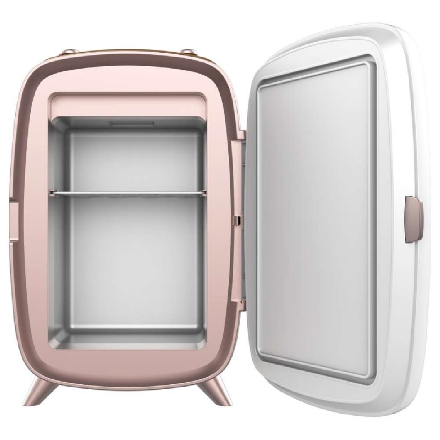 Un mini frigo oro rosa con porta aperta, che rivela uno scaffale.