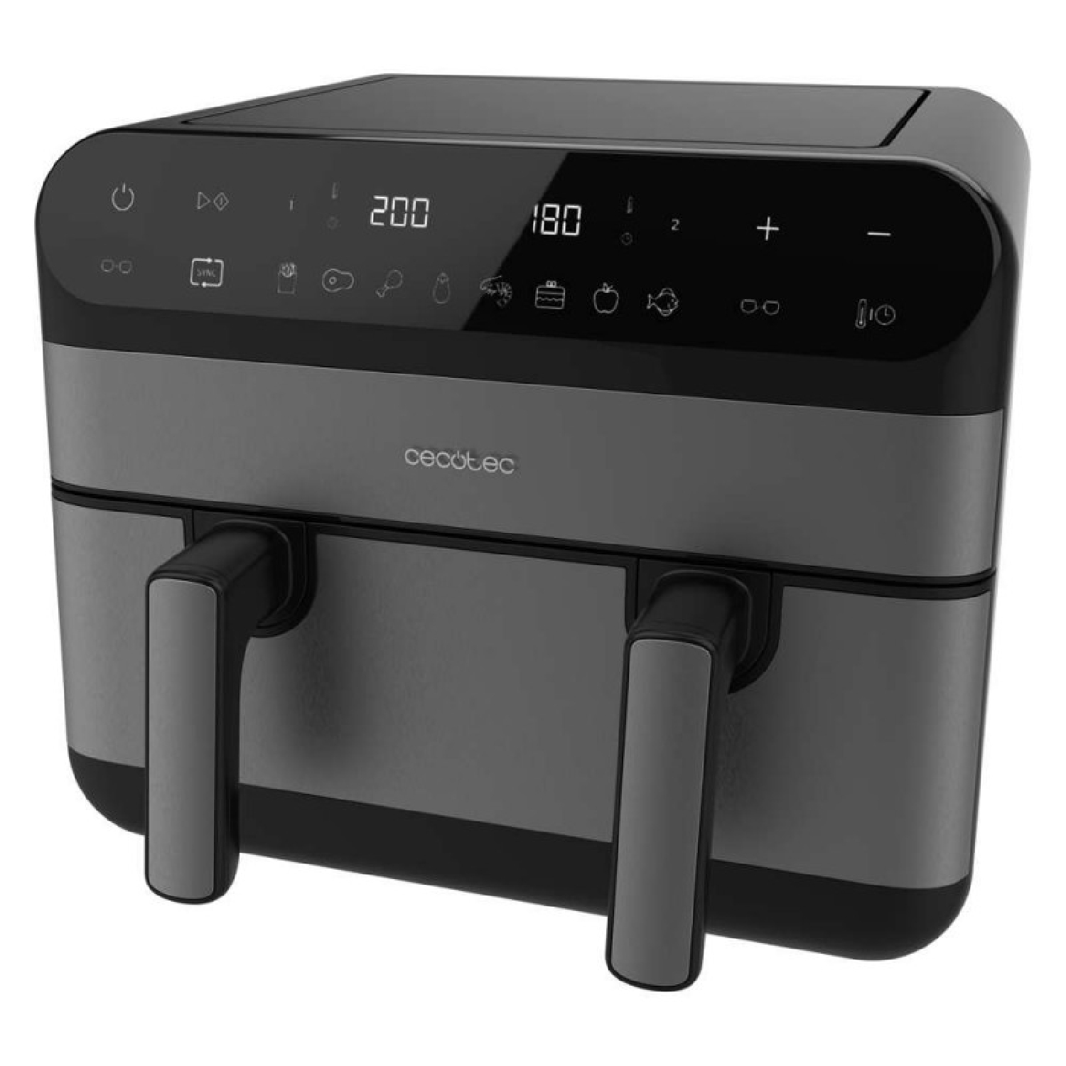 Una friggitrice ad aria grigia con due cassetti e display digitale.