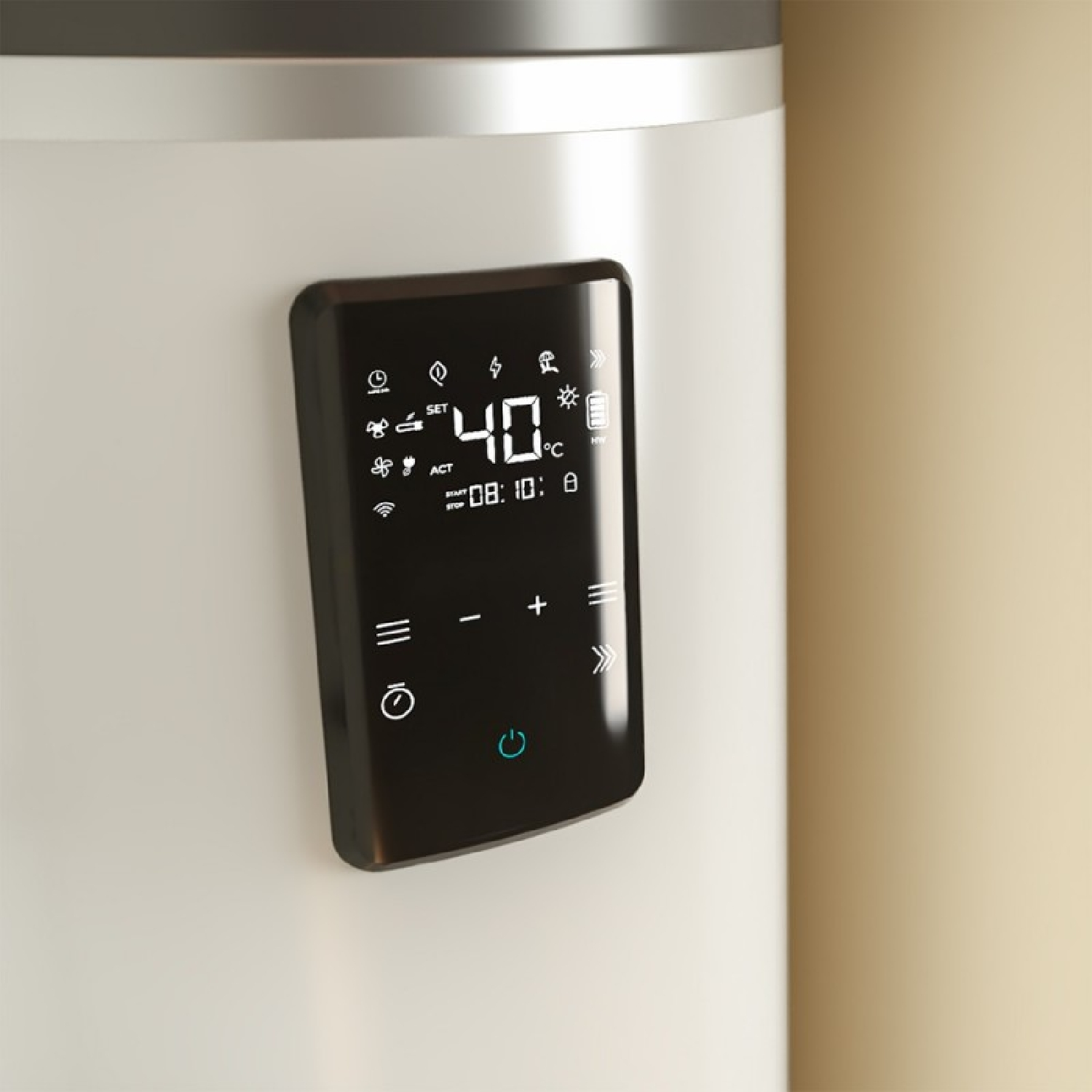 Pantalla digital en un electrodoméstico blanco muestra 40°C, hora 08:10 e iconos varios.