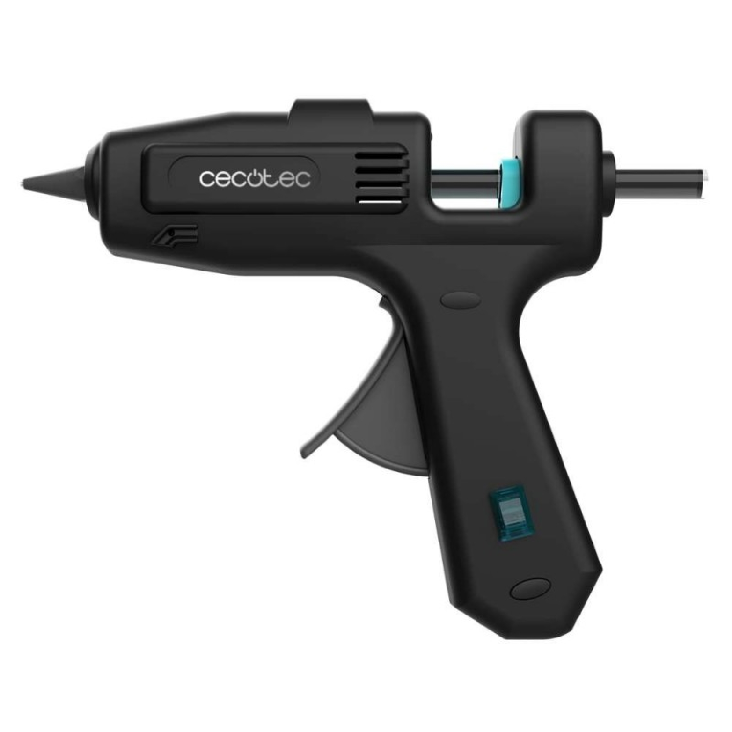 Pistola per colla a caldo Cecotec nera con grilletto e spia blu.
