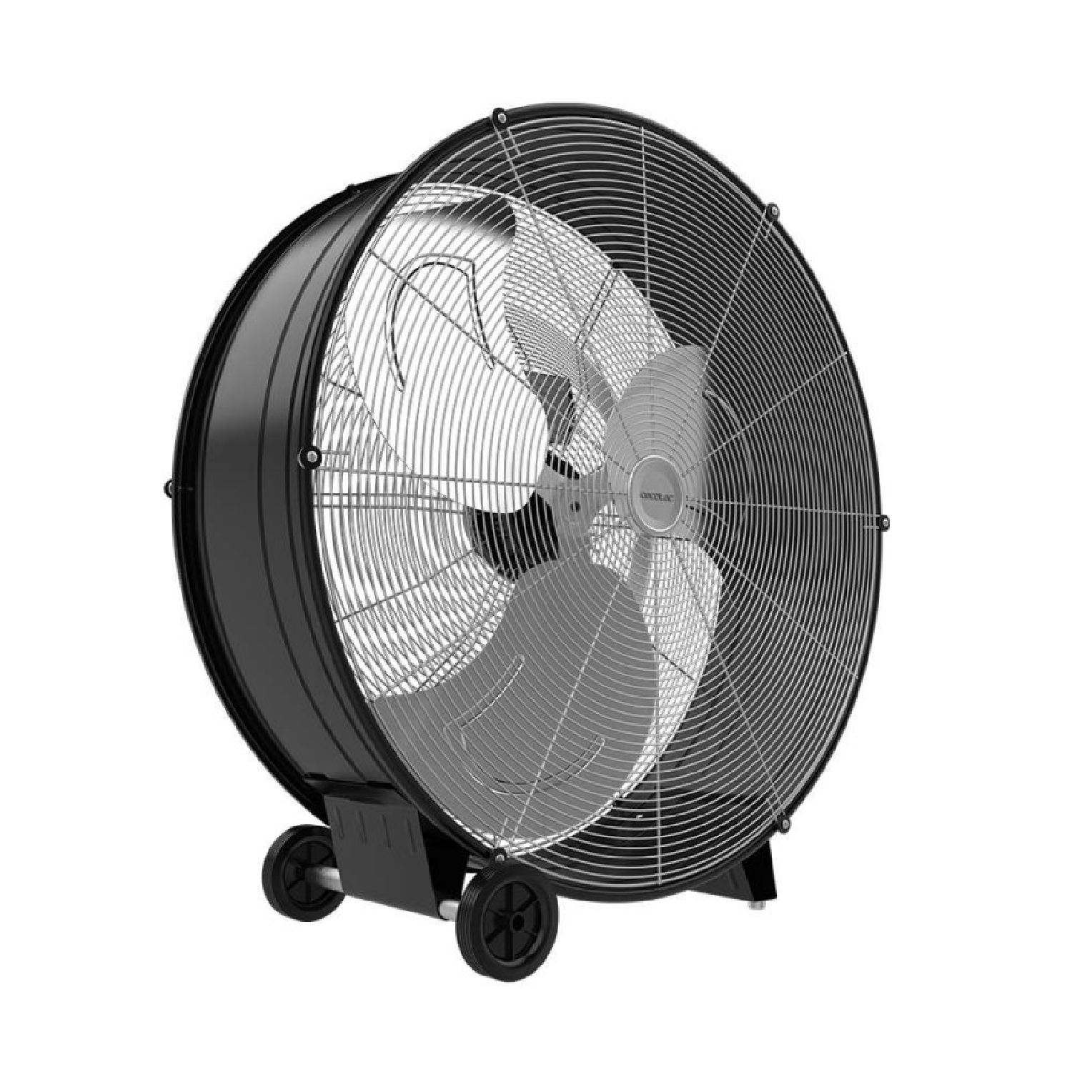 Un grande ventilatore da terra nero con griglia metallica e ruote.