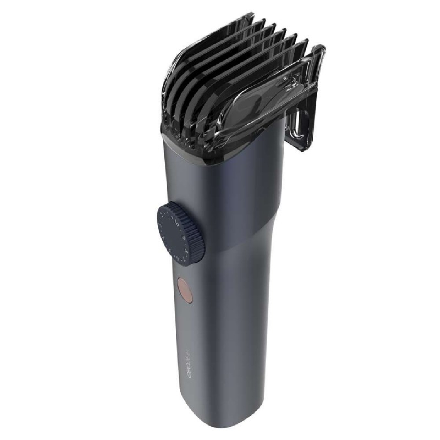 Tagliacapelli grigio scuro con pettine nero e rotella di regolazione.