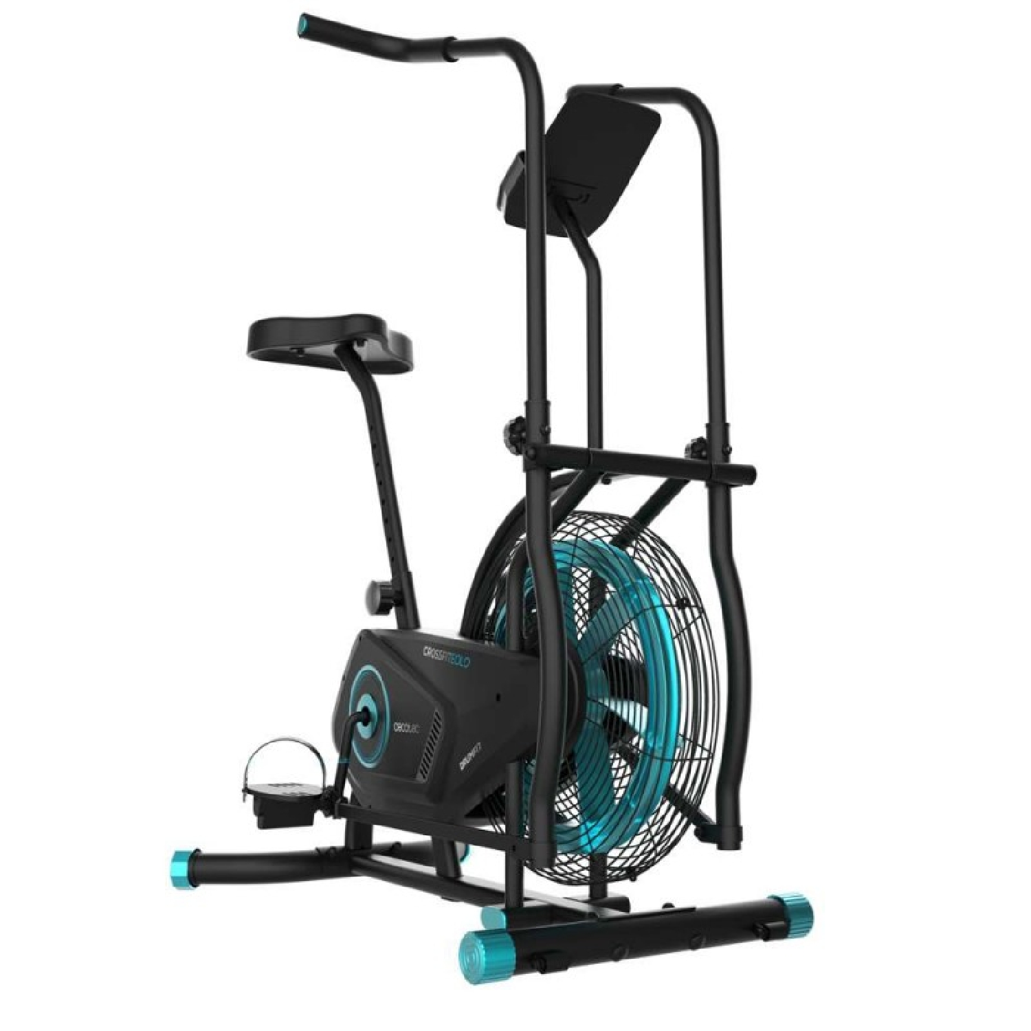 Una cyclette nera con ventola blu e accenti blu sulla base.