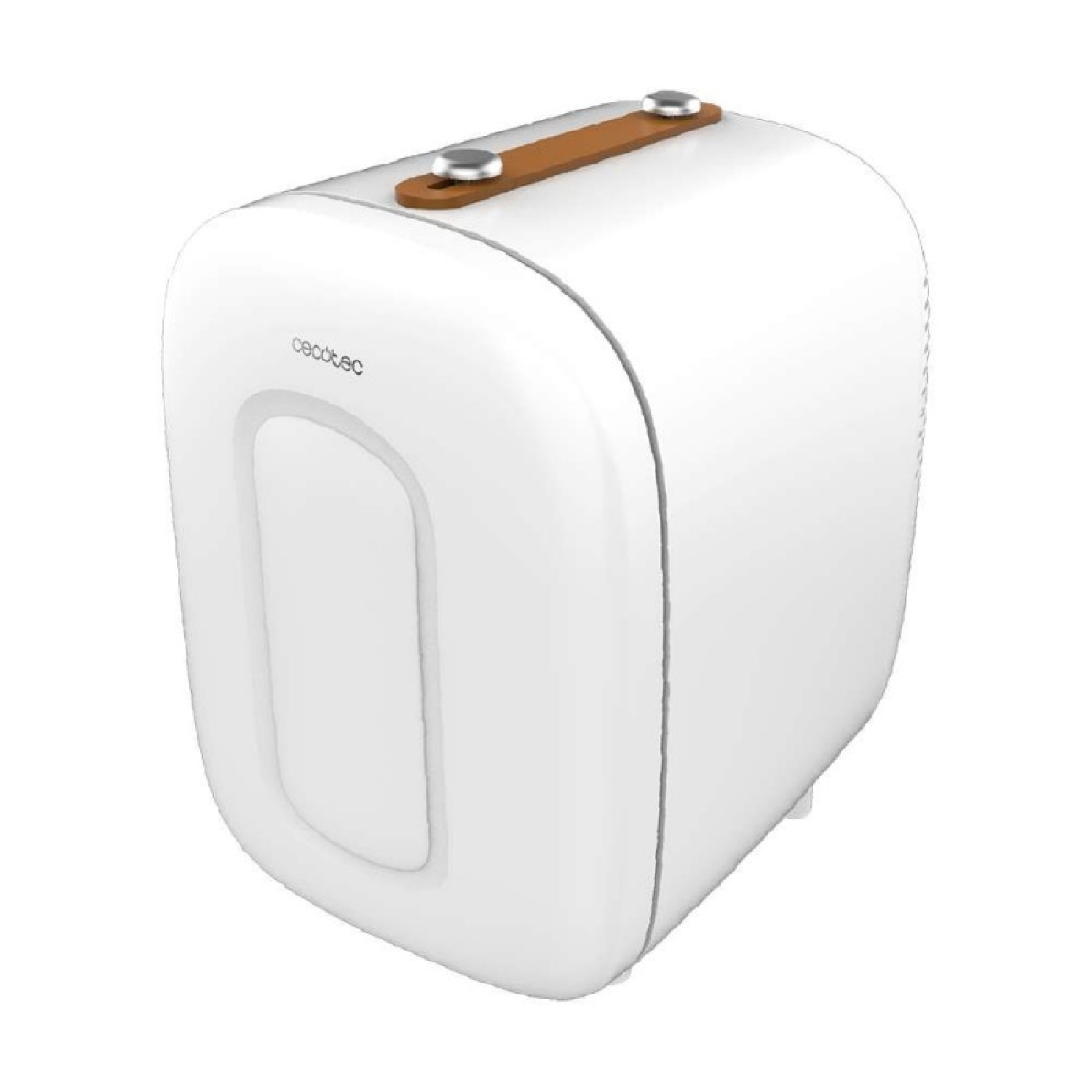 Un humidificador Cecotec blanco con asa marrón y detalles plateados.
