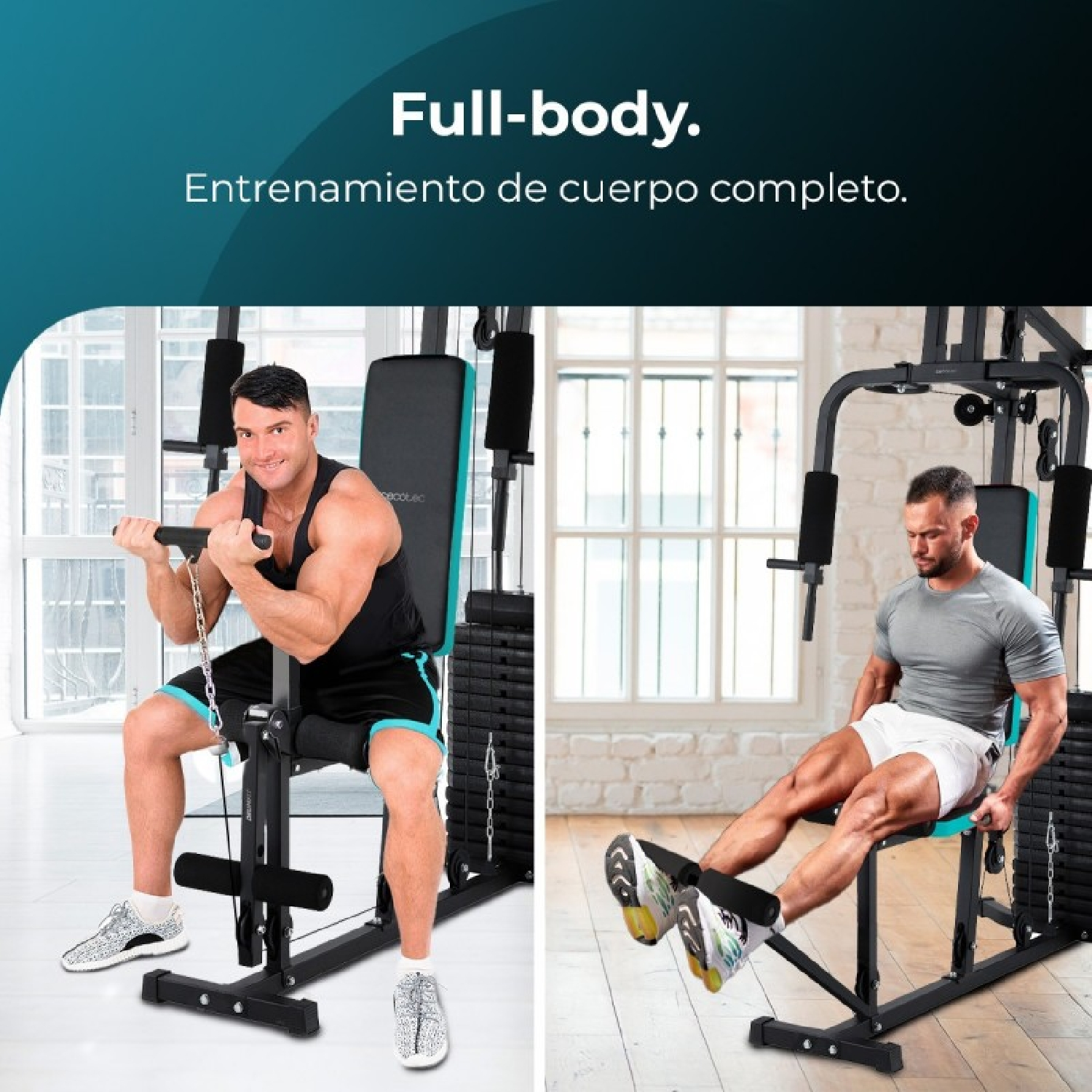 Dos hombres entrenan en una máquina de gimnasio en casa, uno haciendo curl de bíceps, el otro press de piernas.