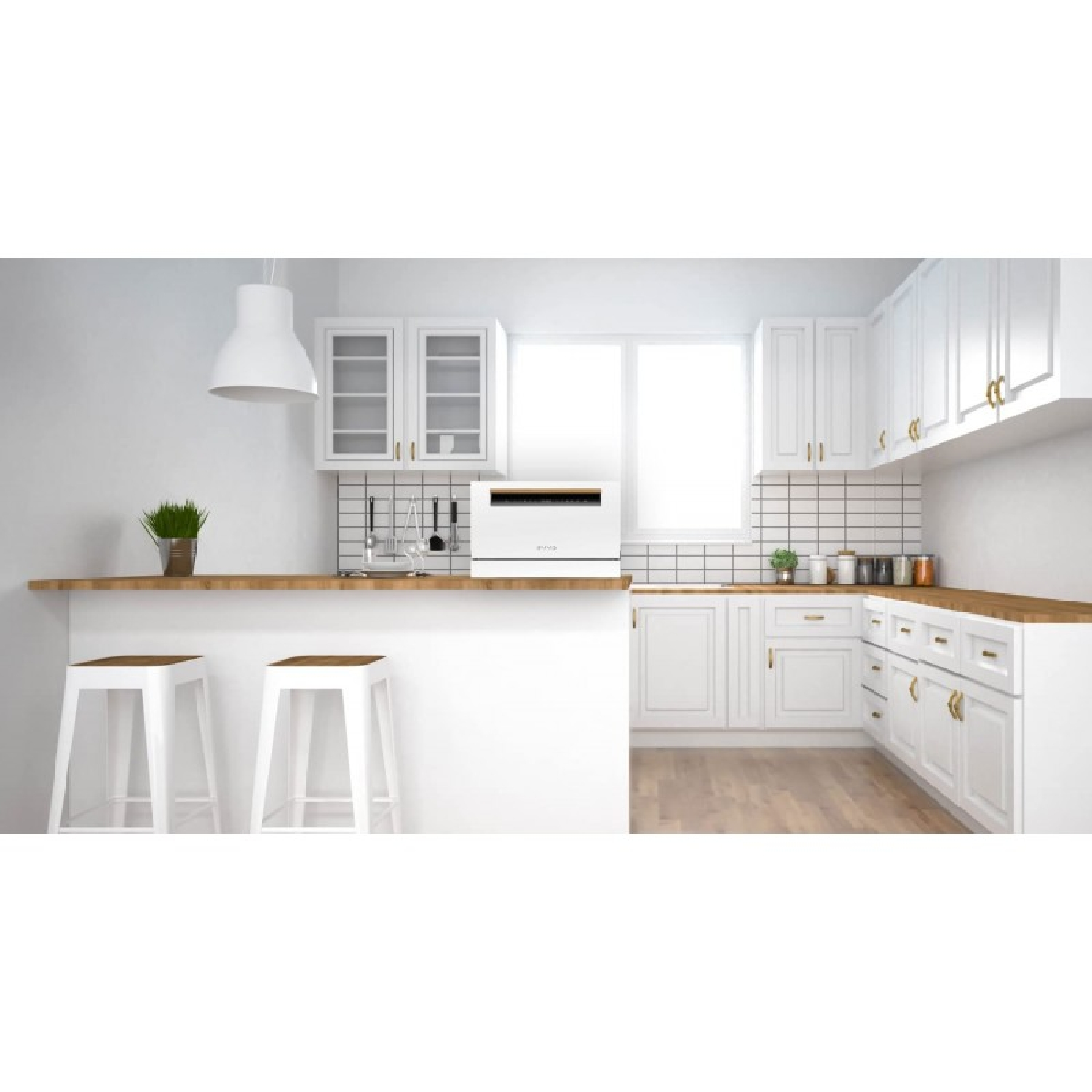 Moderna cucina bianca con lavastoviglie, due sgabelli e piani di lavoro in legno.