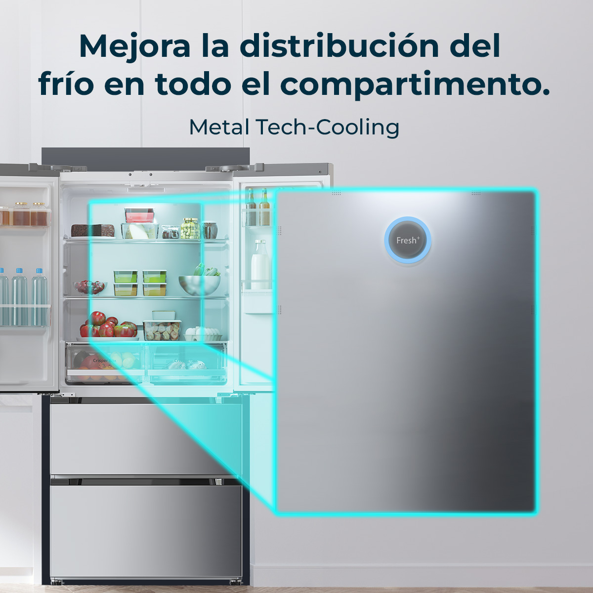Un frigorifero aperto pieno di cibo, con tecnologia di raffreddamento evidenziata.