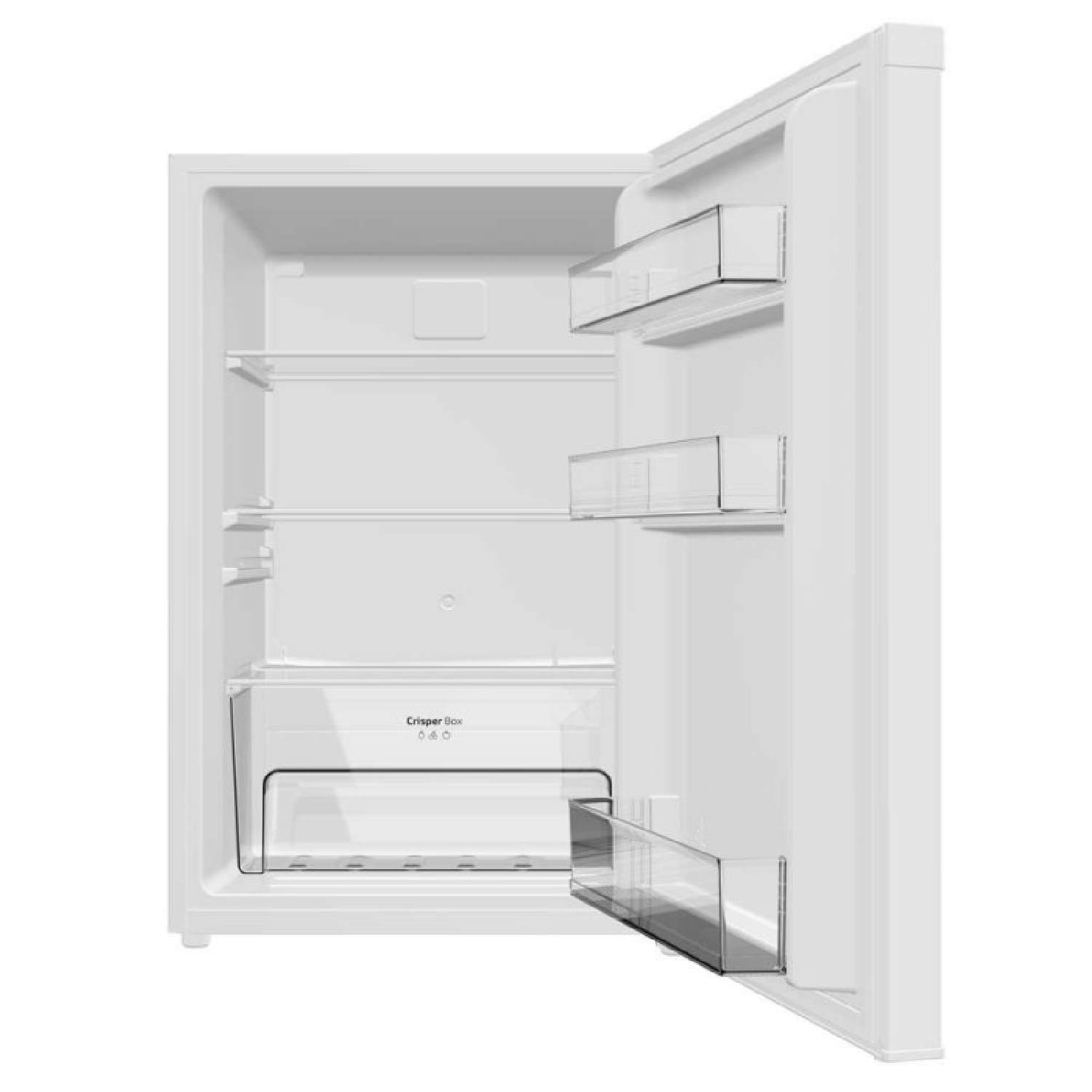 Una nevera blanca con la puerta abierta, mostrando estantes transparentes.