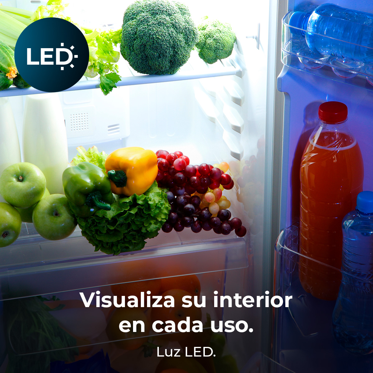 Un frigorifero aperto con illuminazione a LED, riempito di frutta, verdura e bevande.