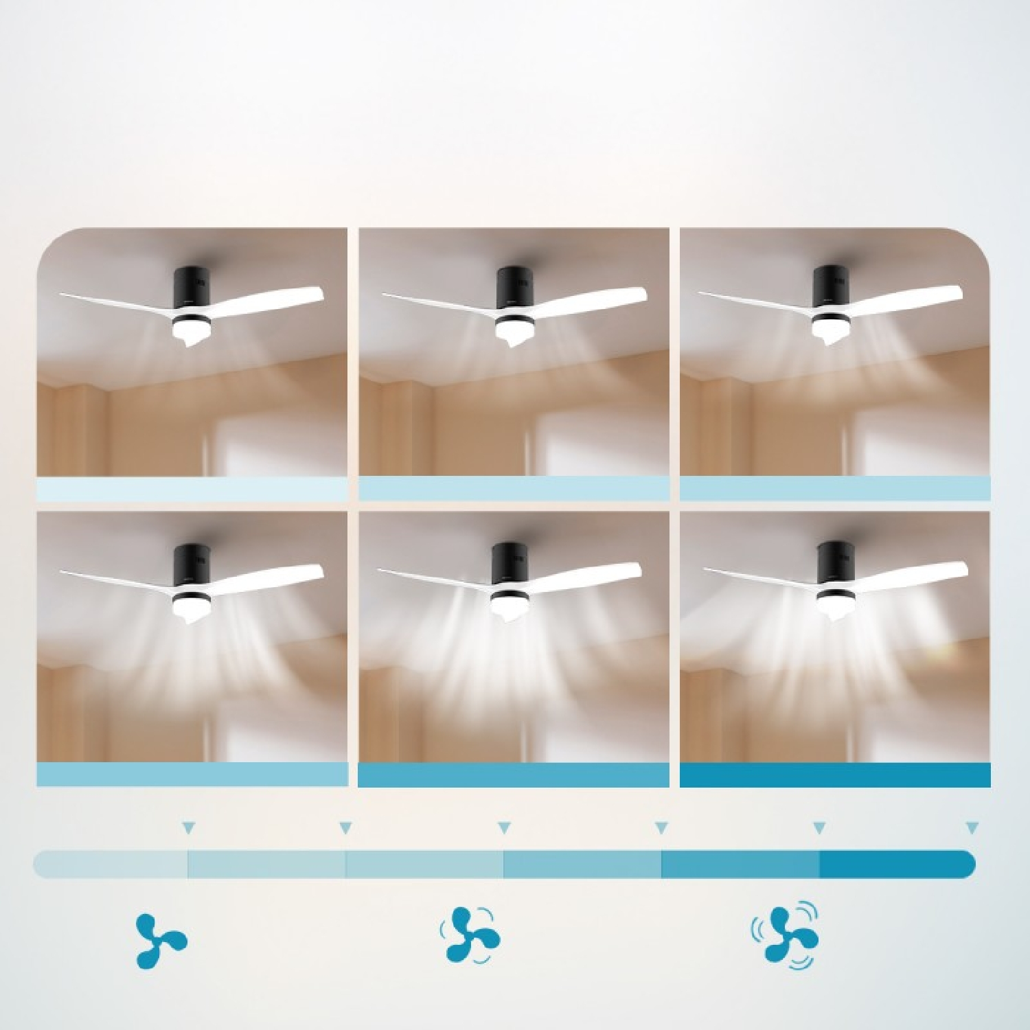 Ventilatore da soffitto con pale bianche e motore nero che mostra diverse velocità.
