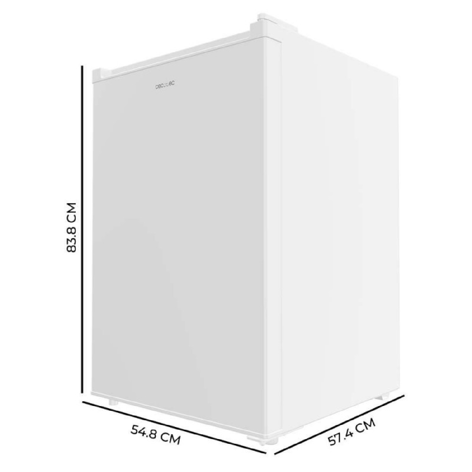 Un frigorifero bianco con dimensioni 83,8 x 54,8 x 57,4 cm.