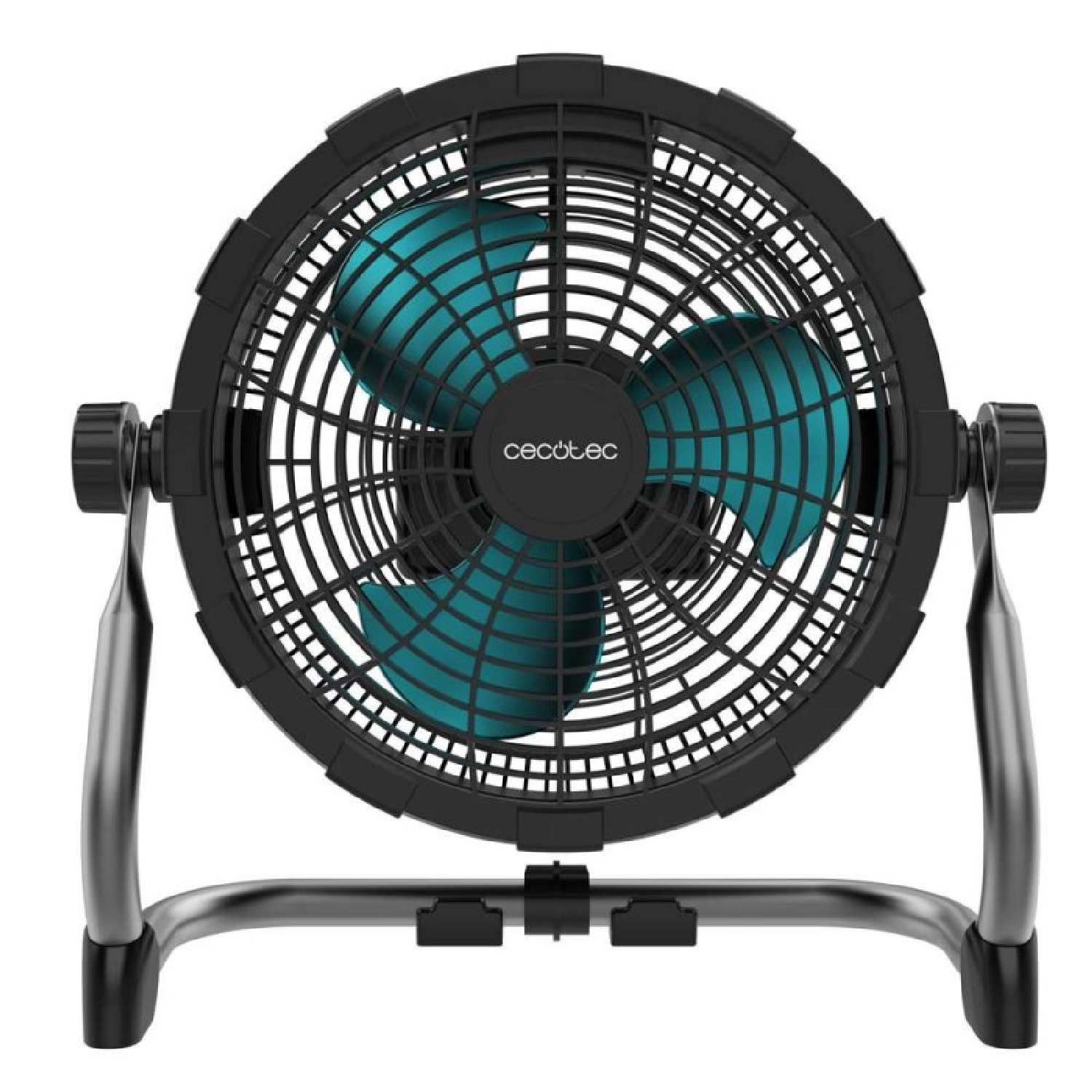 Un ventilador de mesa negro con aspas turquesas, sobre un soporte metálico.